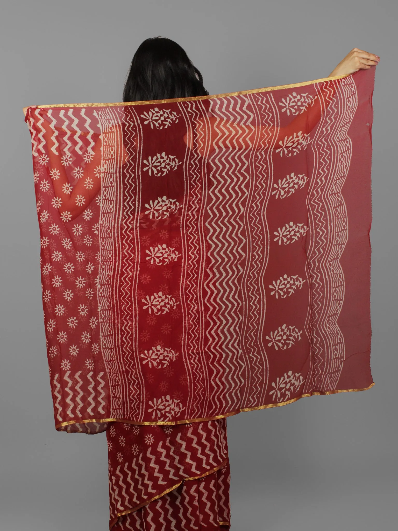 Cherry Red Ivory Hand Block Printed Chiffon Saree - S031702077