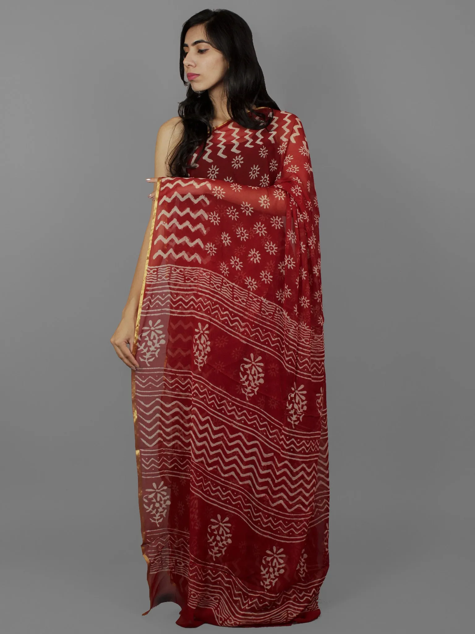 Cherry Red Ivory Hand Block Printed Chiffon Saree - S031702077