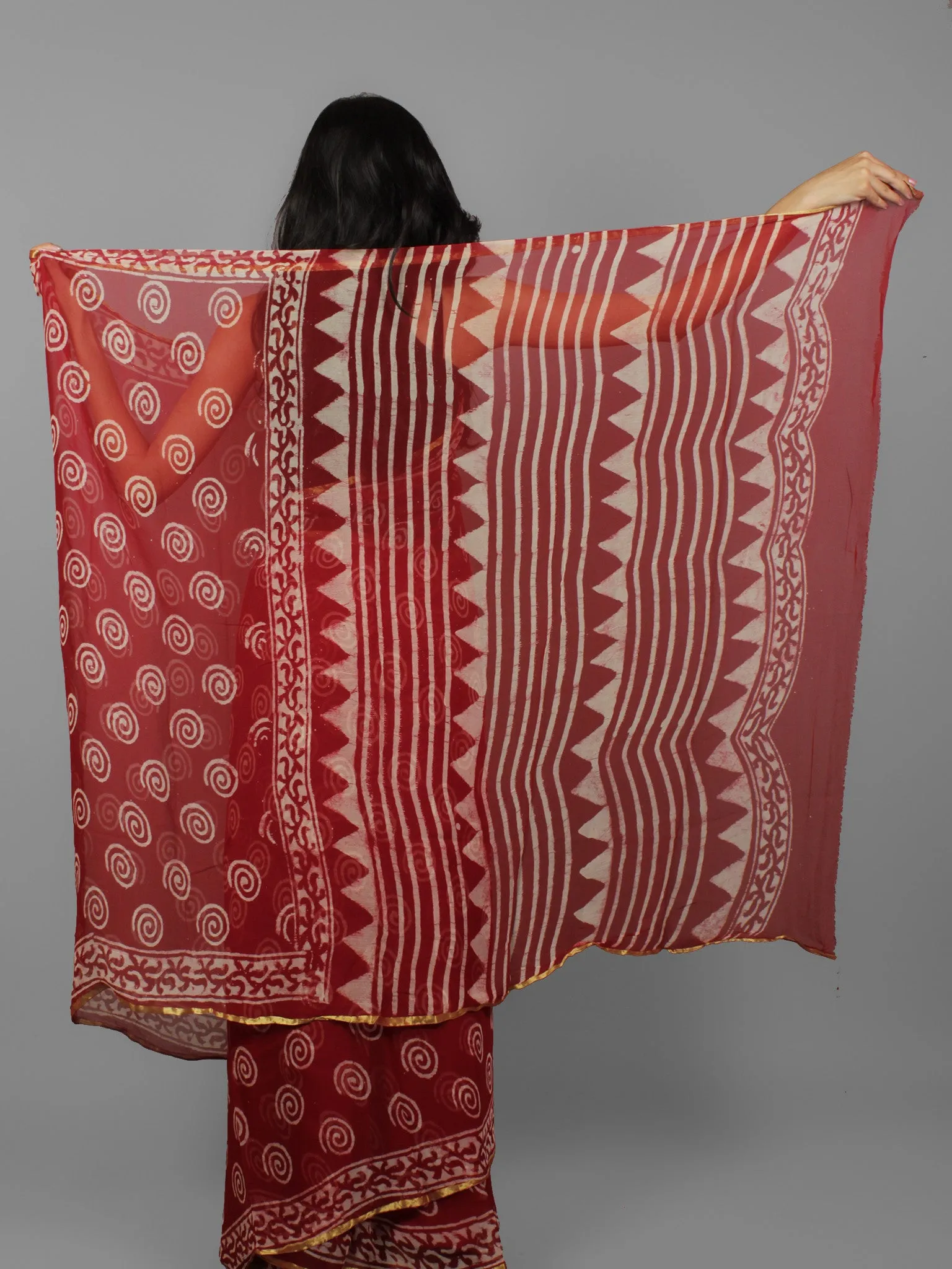 Cherry Red Ivory Hand Block Printed Chiffon Saree - S031702078