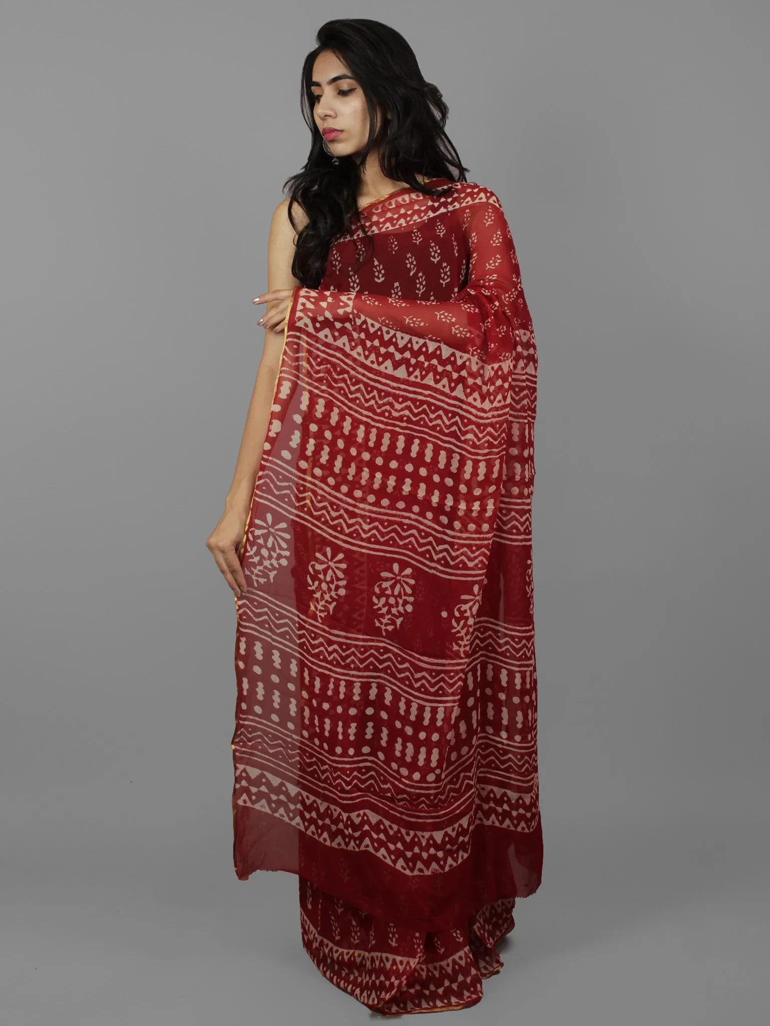 Cherry Red Ivory Hand Block Printed Chiffon Saree - S031702086