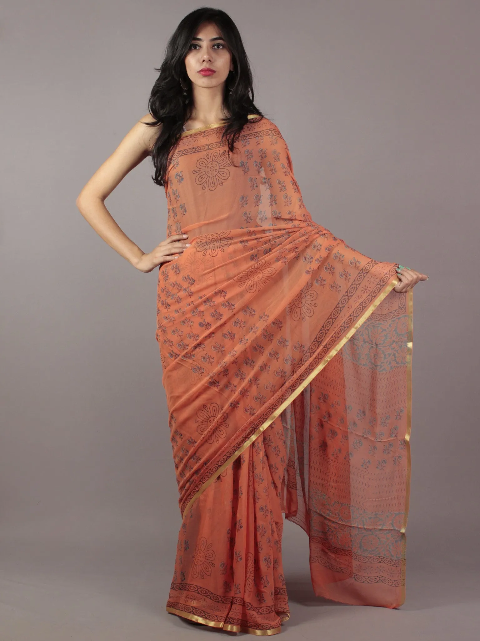 Coral Pink Teal Blue Black Hand Block Printed Chiffon Saree - S031701836