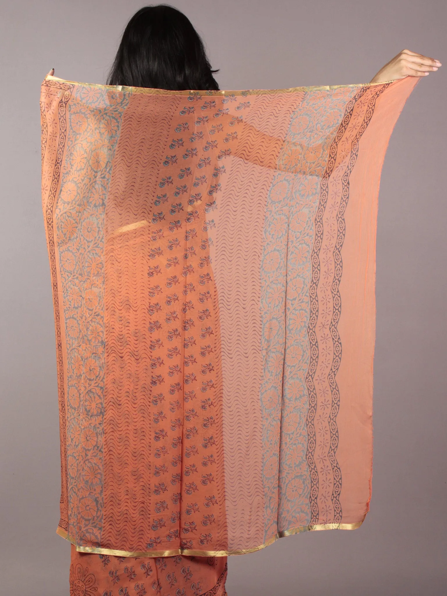 Coral Pink Teal Blue Black Hand Block Printed Chiffon Saree - S031701836