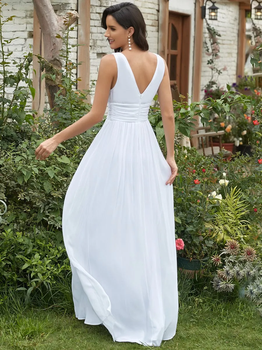 Custom Size V Neck Sleeveless Pleated Chiffon Wedding Dress