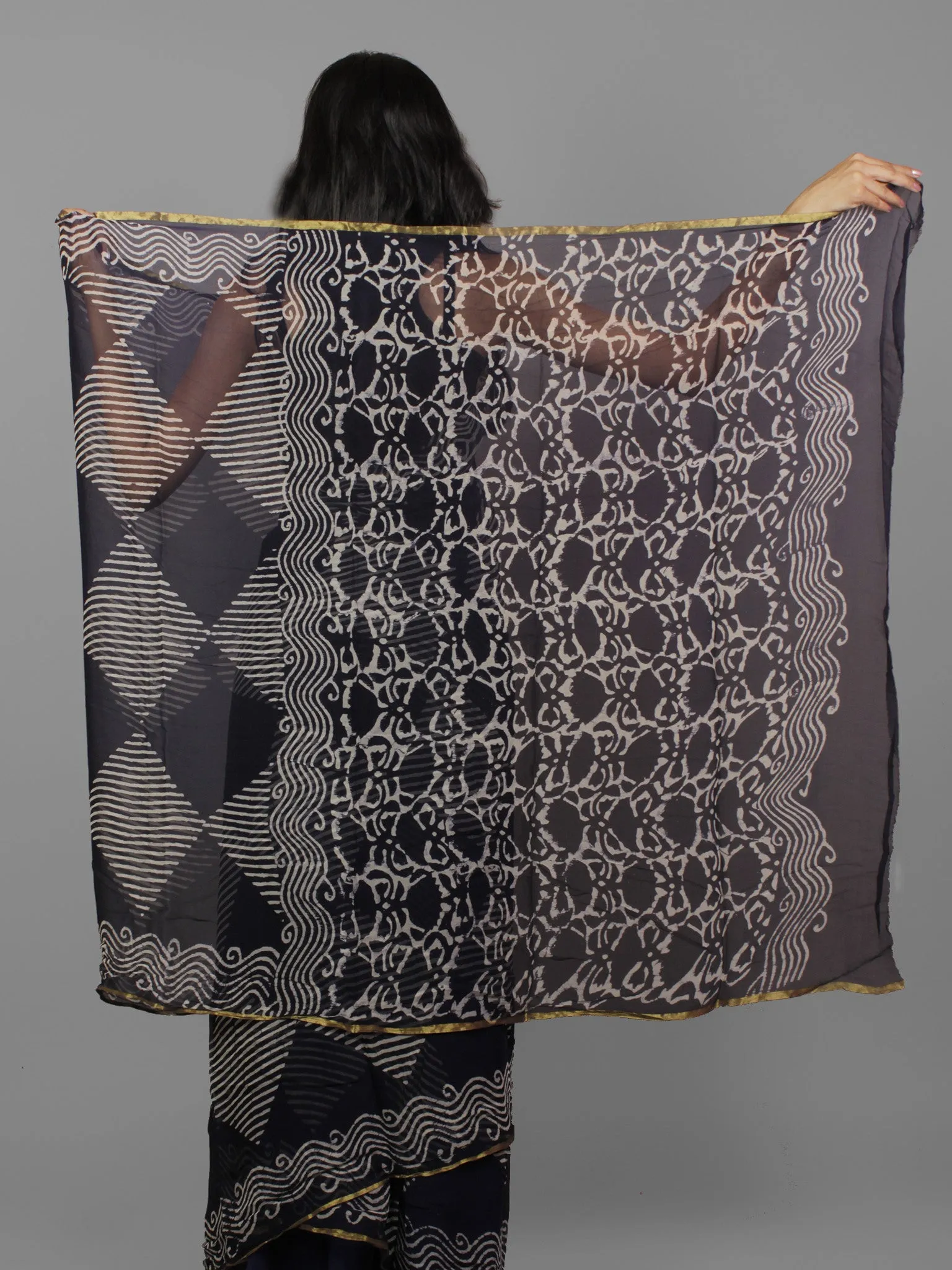 Deep Indigo Ivory Hand Block Printed Chiffon Saree - S031702100