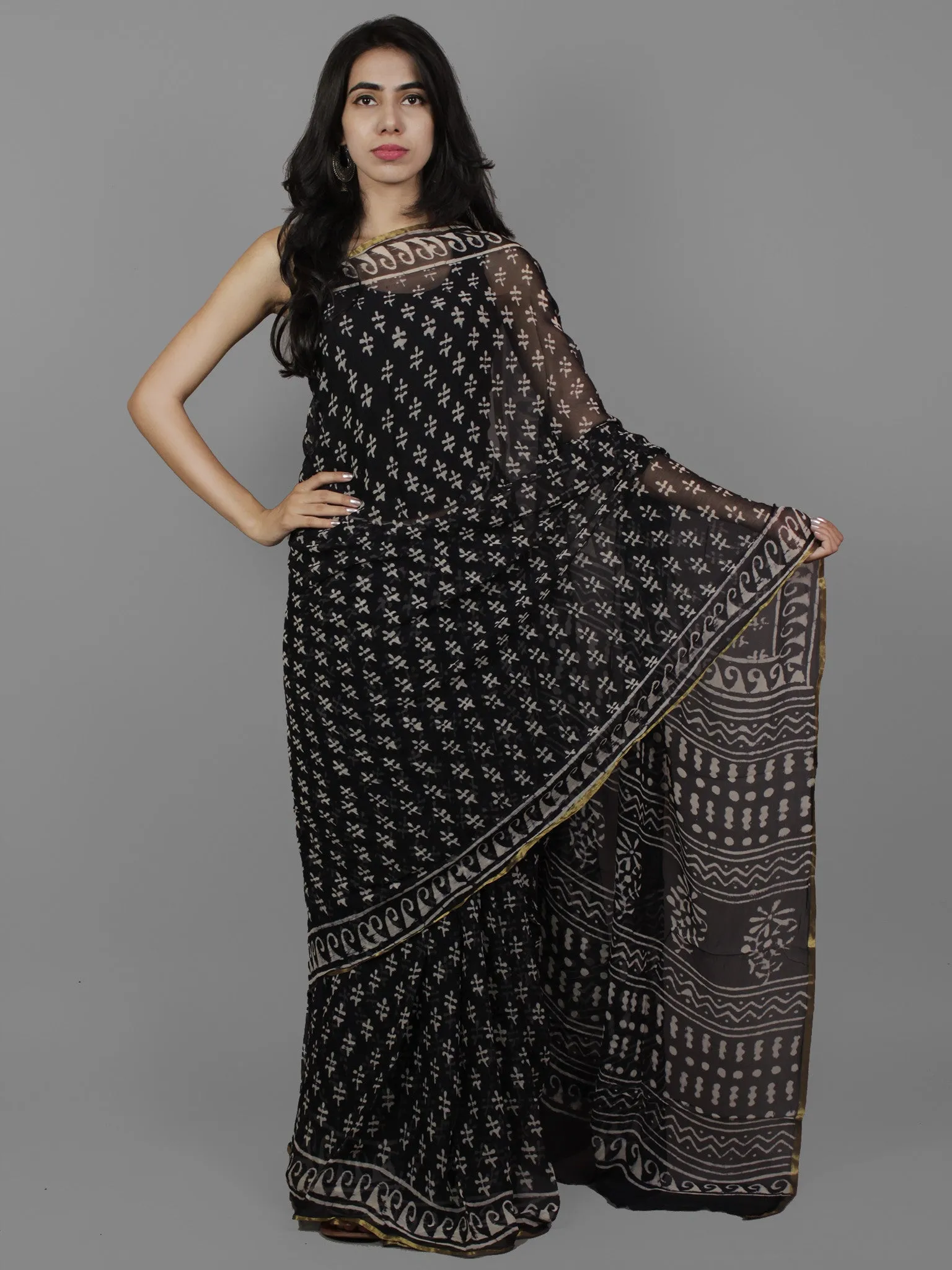 Deep Indigo Ivory Hand Block Printed Chiffon Saree - S031702103