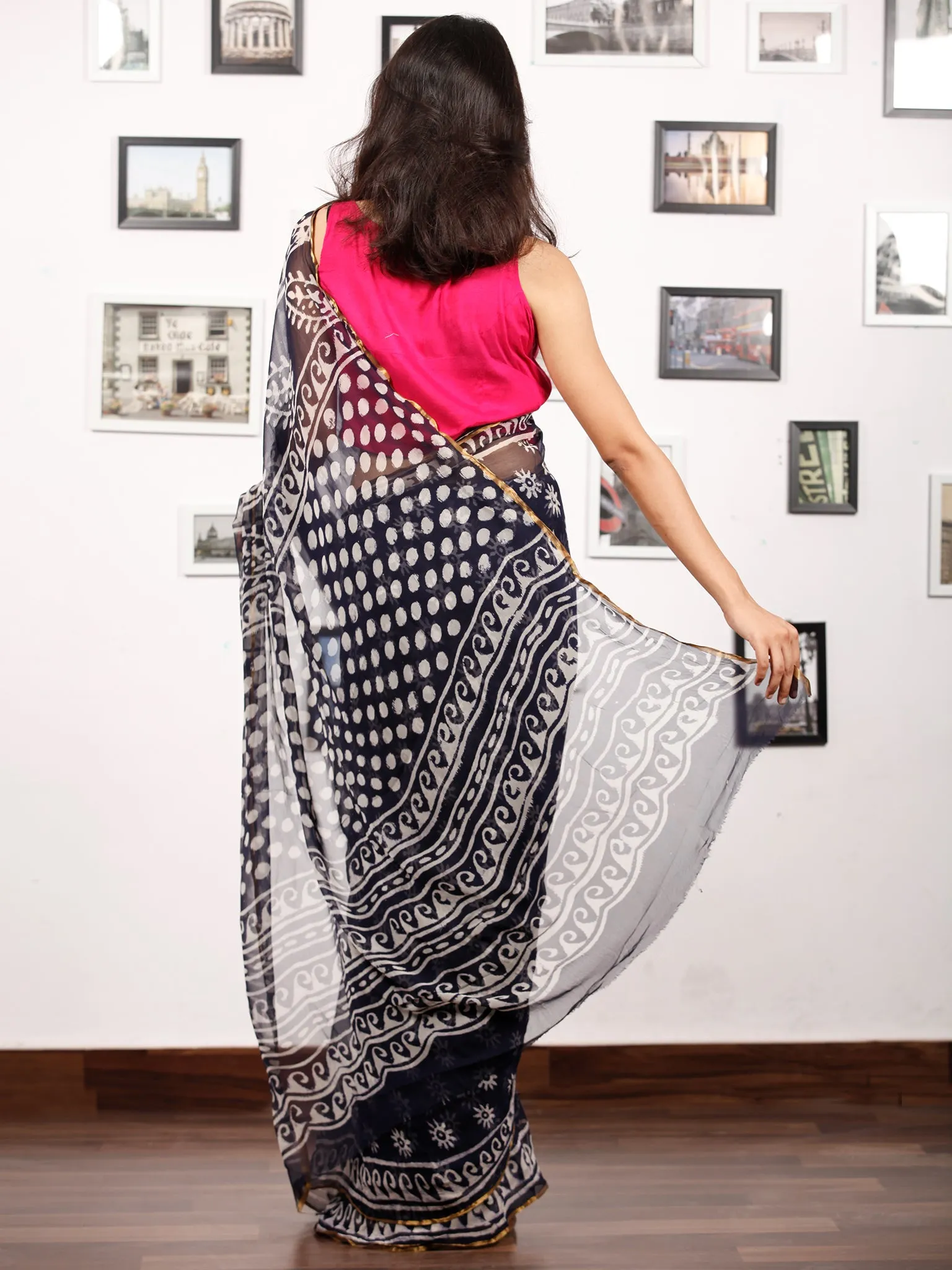 Deep Indigo White Hand Block Printed Chiffon Saree with Zari Border - S031703152