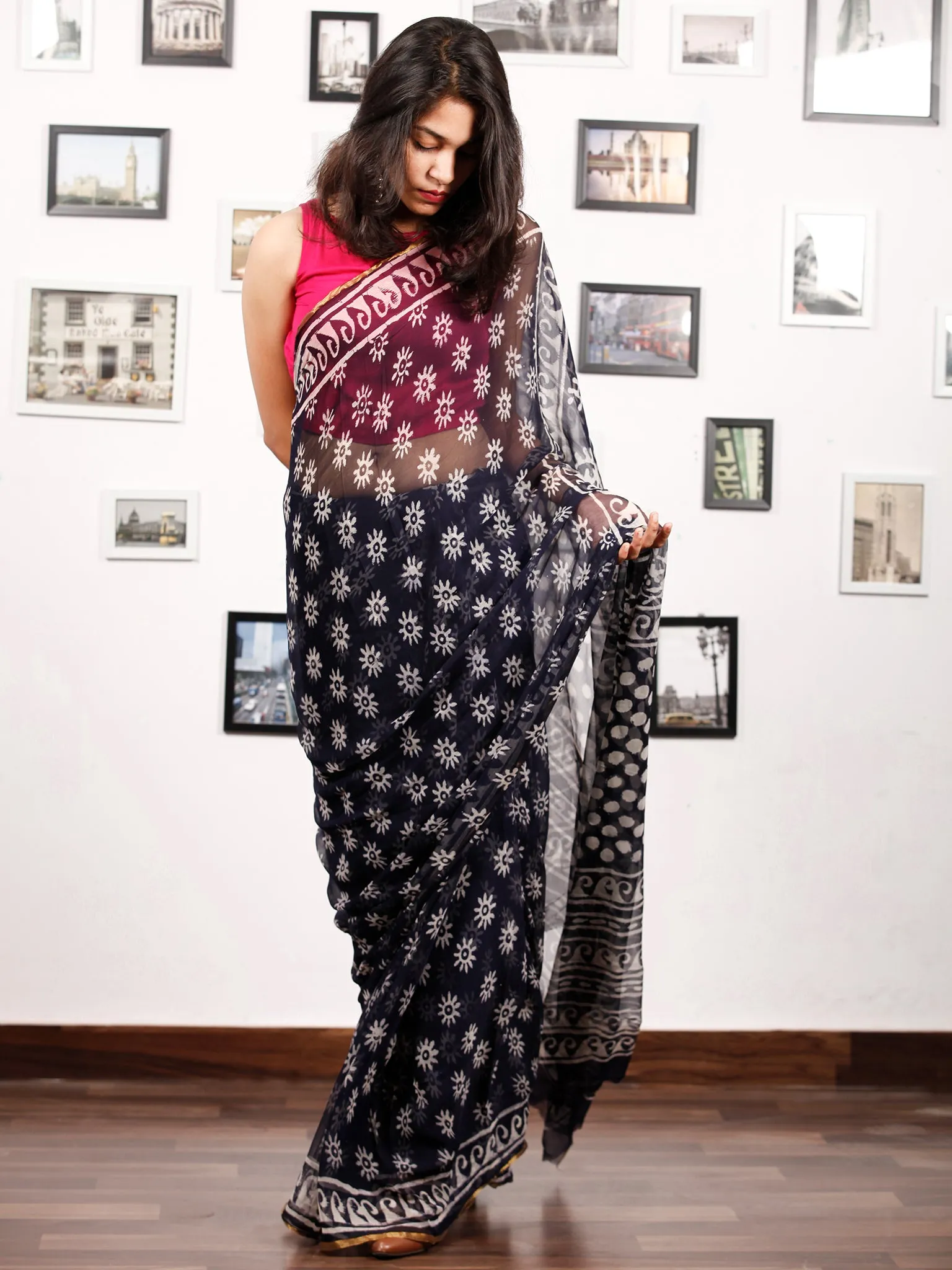 Deep Indigo White Hand Block Printed Chiffon Saree with Zari Border - S031703152