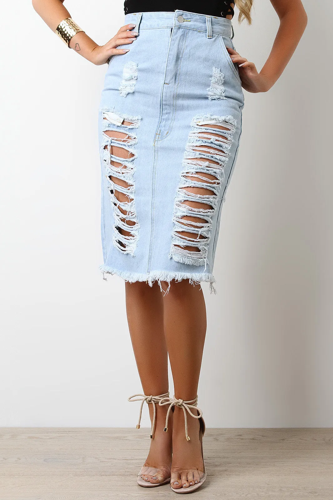 Destructed Denim Midi Skirt