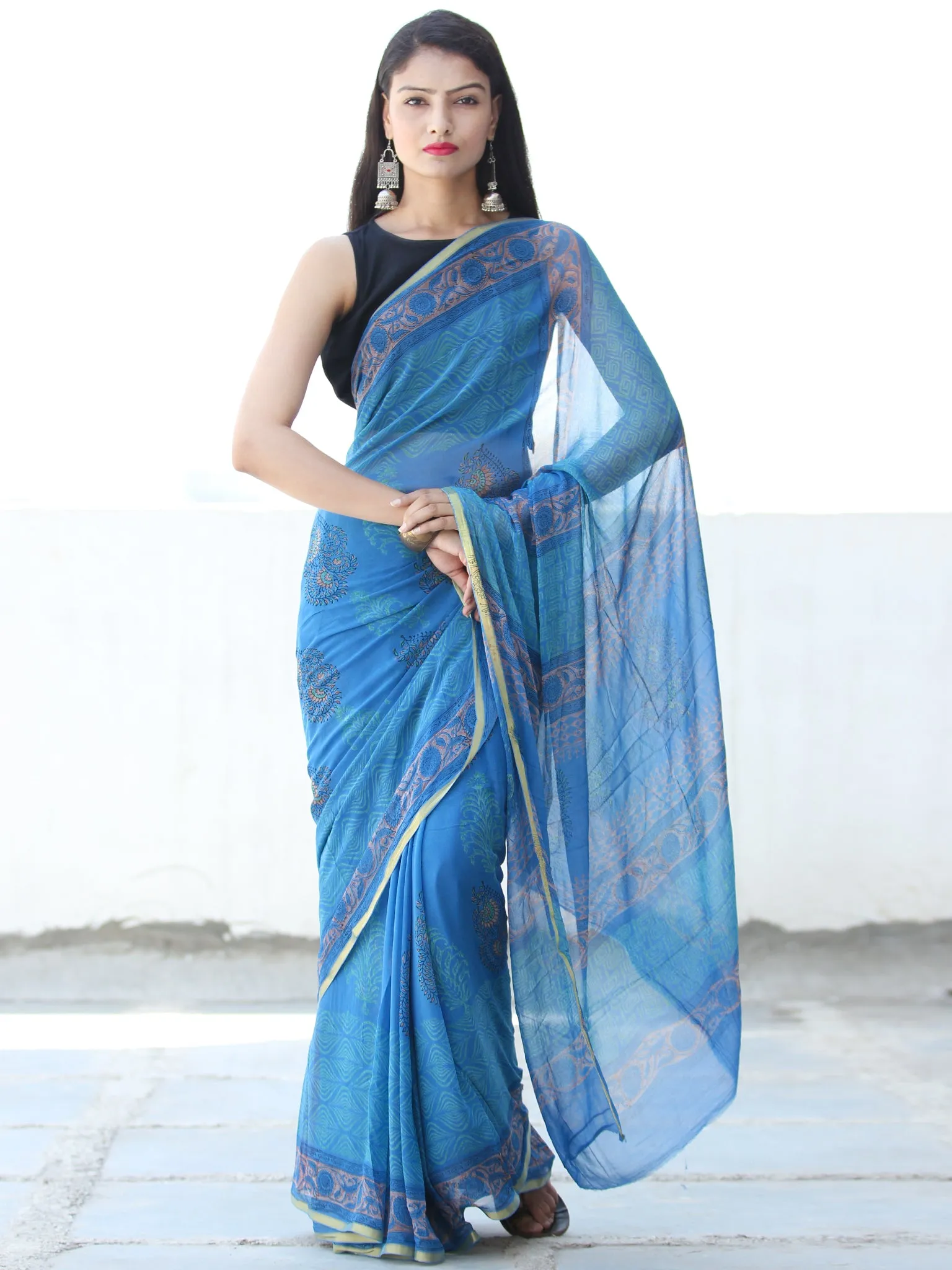 Electric Blue Coral Hand Block Printed Chiffon Saree with Zari Border - S031703920