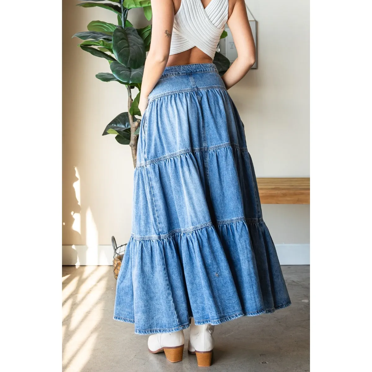 Front Button 3 Tiered Denim Skirt