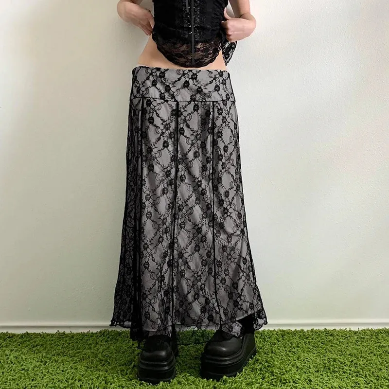 Girlary Lace Double Layer Long Skirts Black Baggy y2k Aesthetic Straight Midi Skirts femme Clothing 2000s Grunge Fairycore