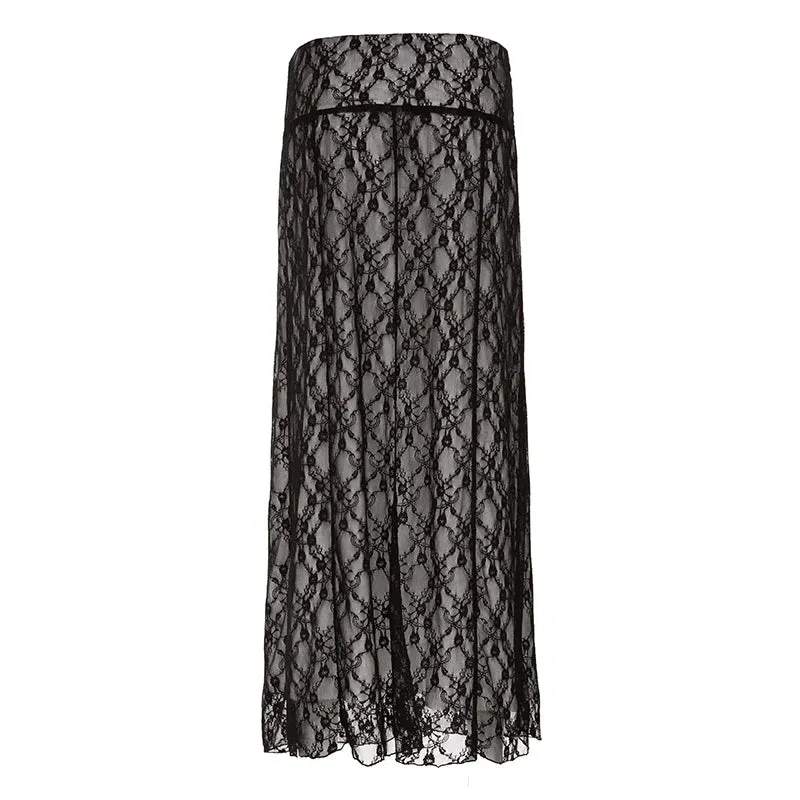 Girlary Lace Double Layer Long Skirts Black Baggy y2k Aesthetic Straight Midi Skirts femme Clothing 2000s Grunge Fairycore