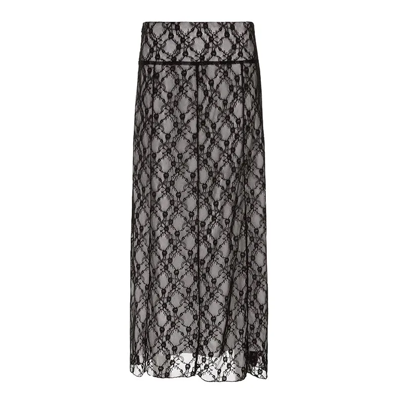 Girlary Lace Double Layer Long Skirts Black Baggy y2k Aesthetic Straight Midi Skirts femme Clothing 2000s Grunge Fairycore