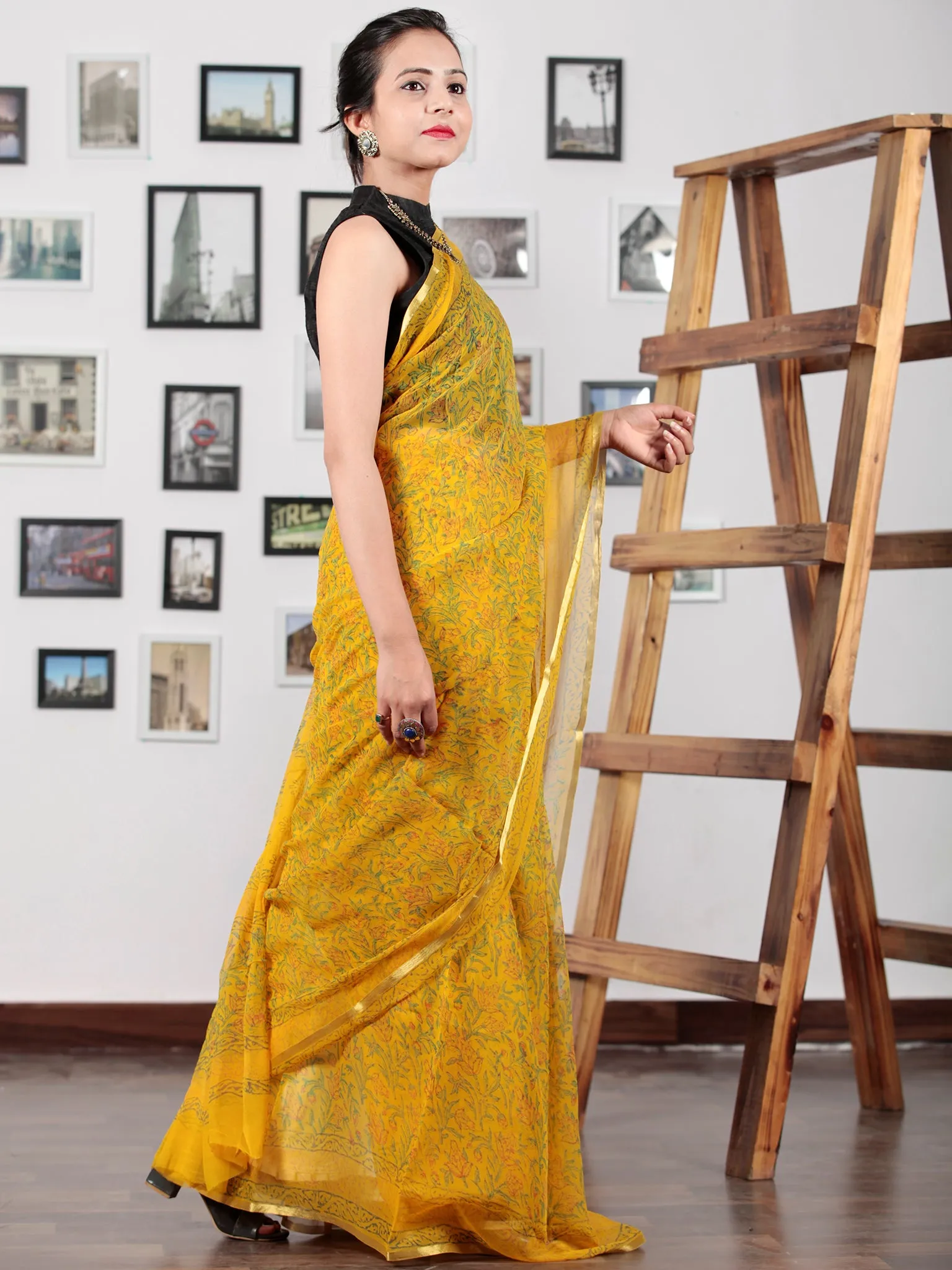 Golden Yellow Green Hand Block Printed Chiffon Saree with Zari Border (Without Blouse) - S031702748