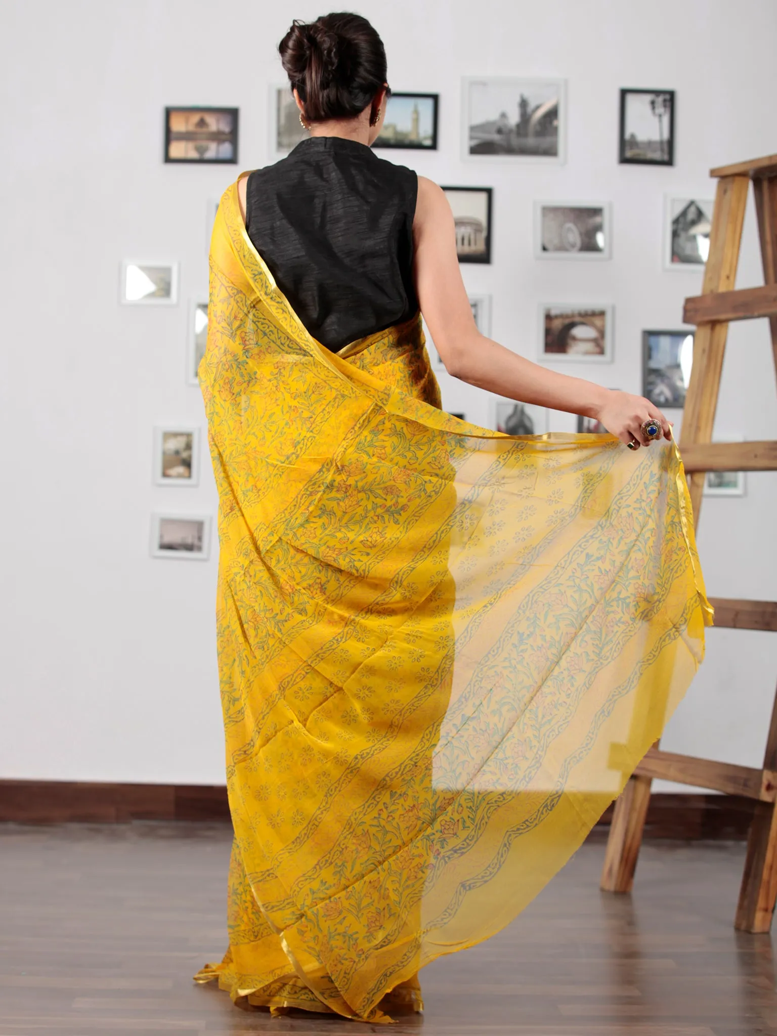 Golden Yellow Green Hand Block Printed Chiffon Saree with Zari Border (Without Blouse) - S031702748