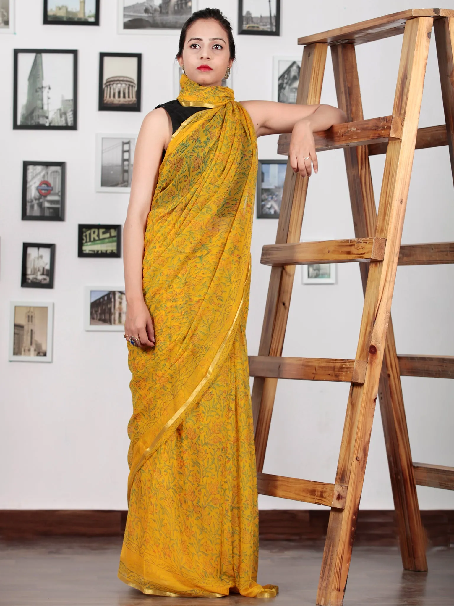 Golden Yellow Green Hand Block Printed Chiffon Saree with Zari Border (Without Blouse) - S031702748