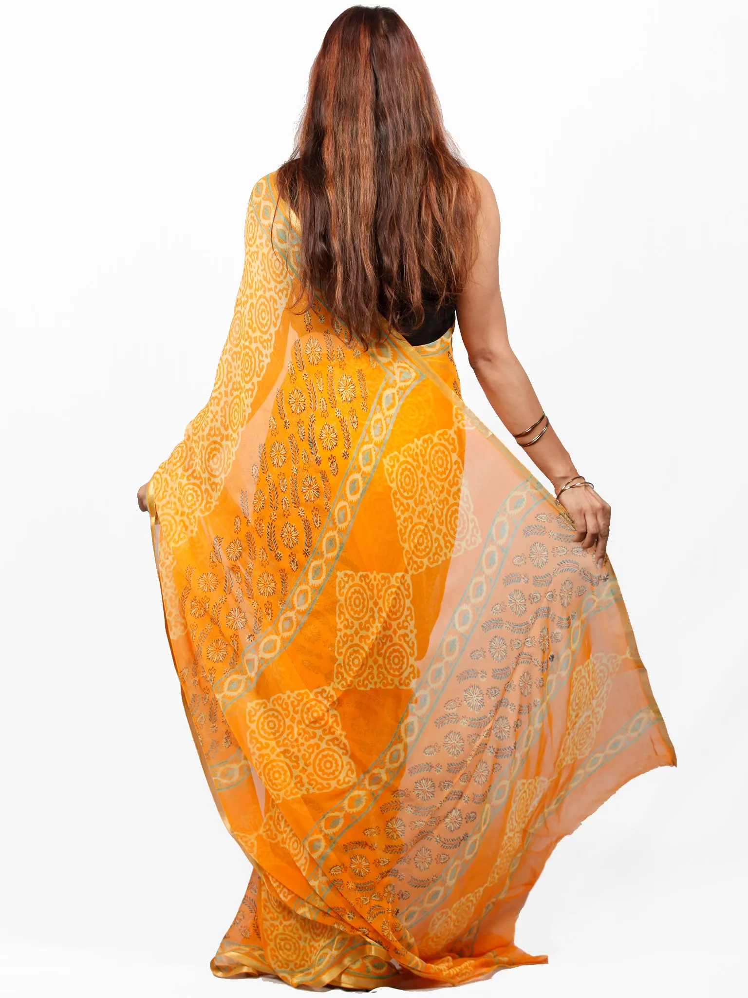 Golden Yellow  Hand Block Printed Chiffon Saree with Zari Border - S031703421