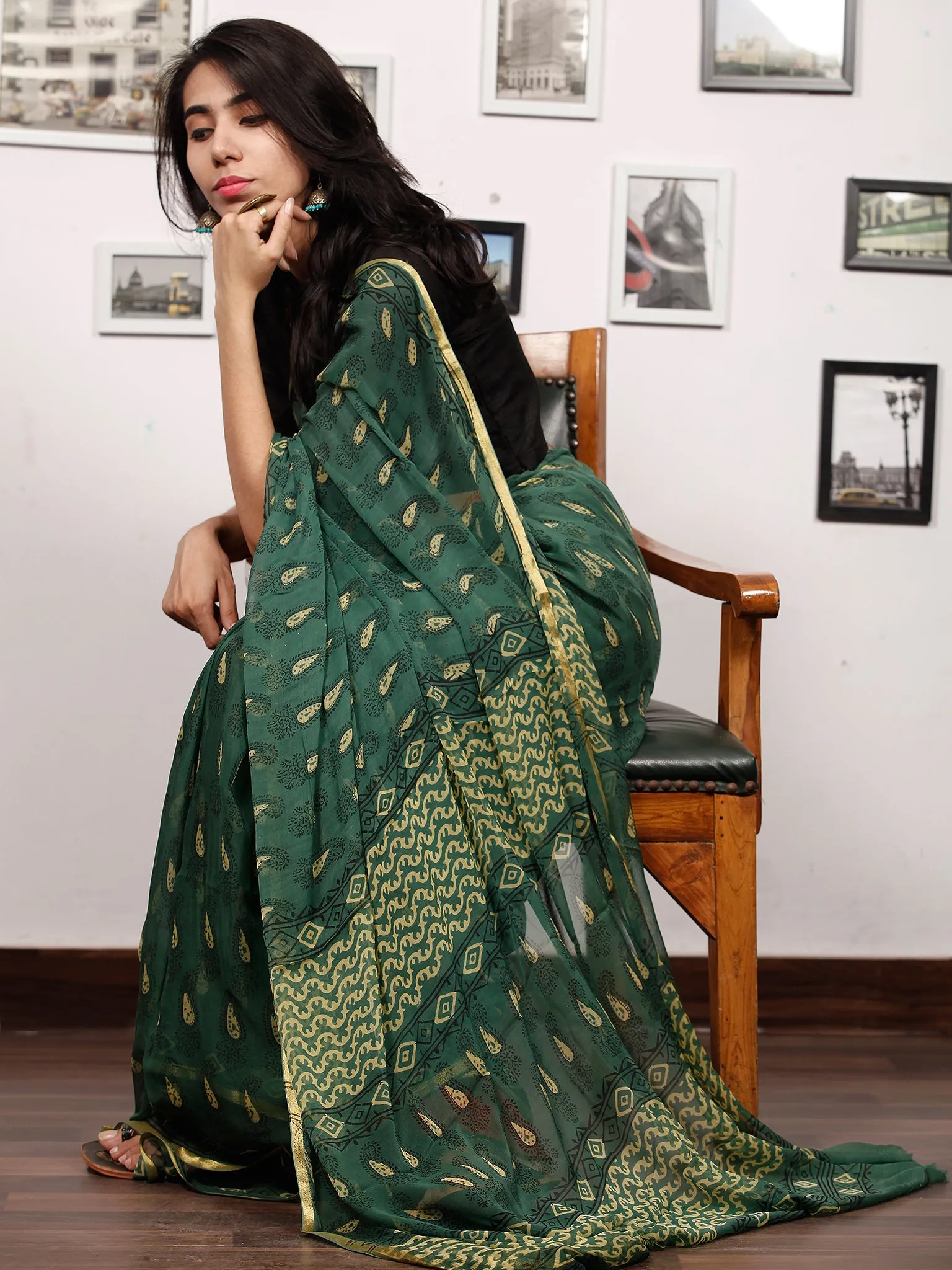 Green Yellow Black Hand Block Printed Chiffon Saree with Zari Border - S031703508