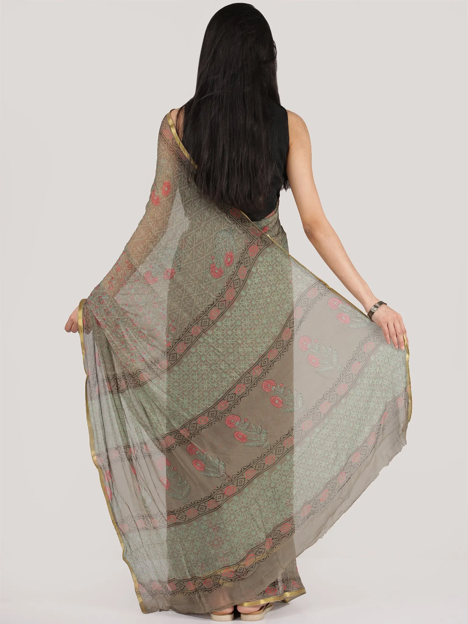 Grey Green Pink Hand Block Printed Chiffon Saree With Zari Border - S031704688