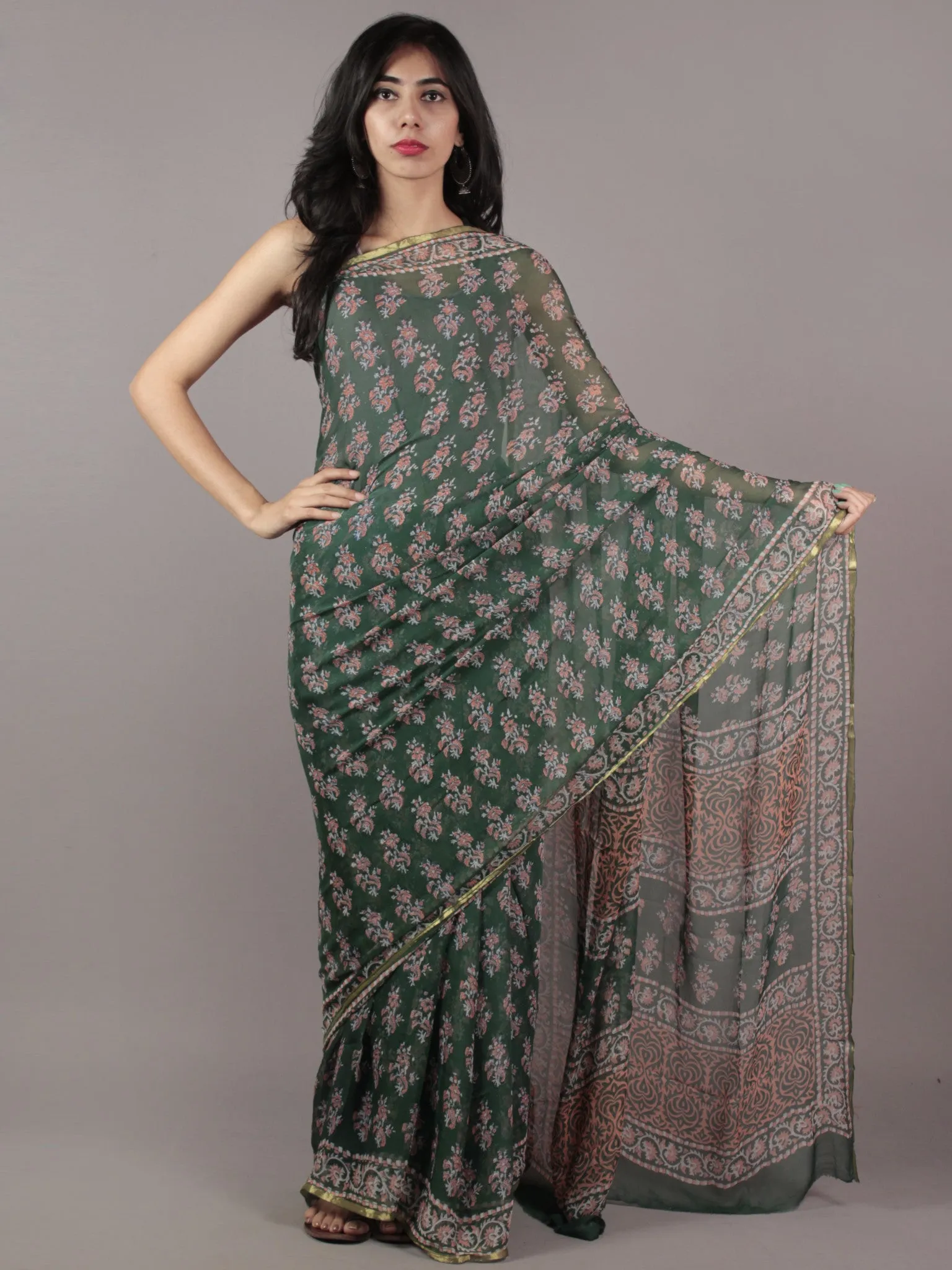 Hunter Green Pink Off White Hand Block Printed Chiffon Saree - S031701856