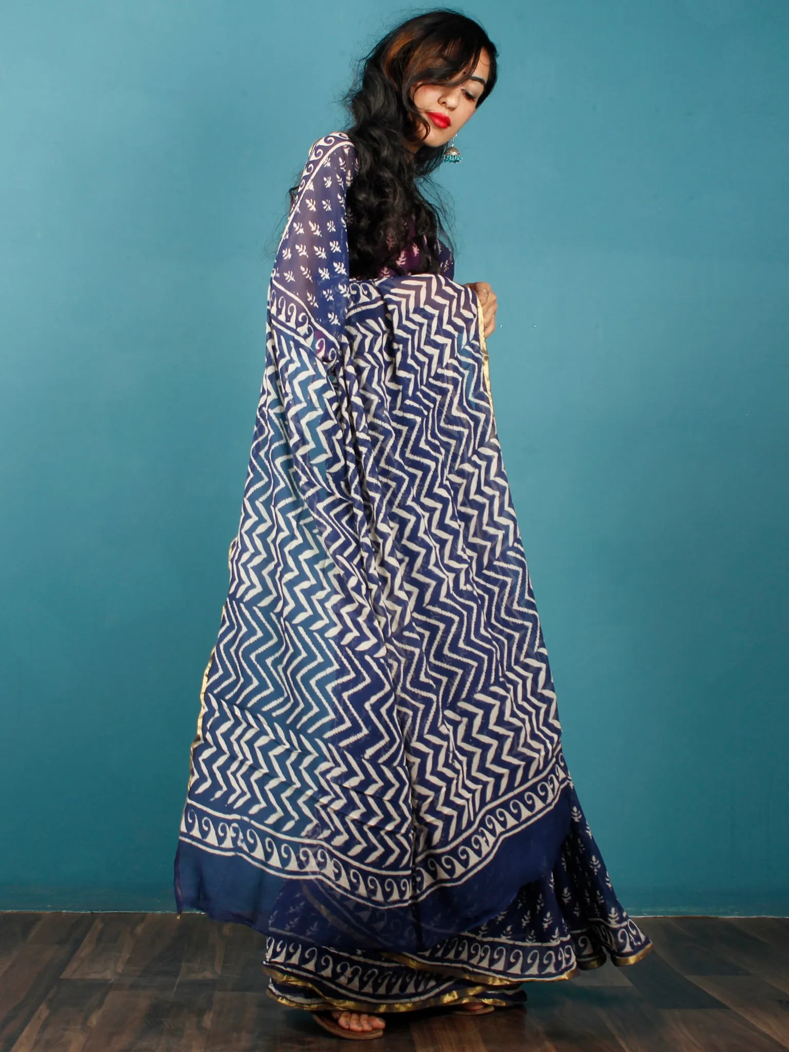 Indigo Ivory Hand Block Printed Chiffon Saree with Zari Border - S031702782