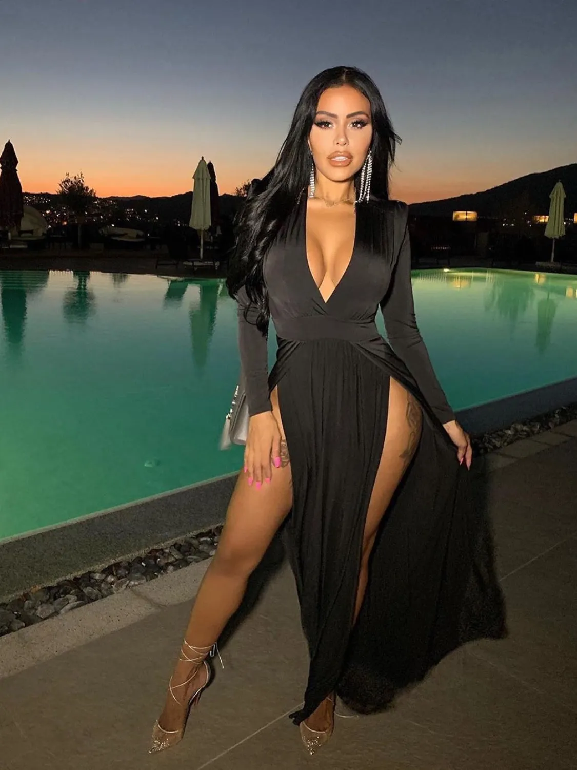 Low V Neckline High Slit  Long Sleeve Maxi Dress New Women's Fashion Sexy Plunge Flowy Long Dress KESLEY