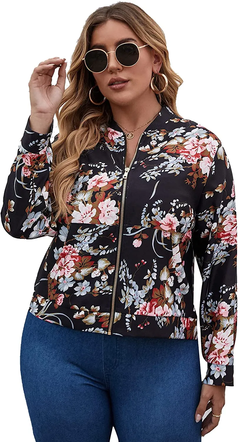 MakeMeChic Women's Plus Lightweight Floral Print Long Sleeve Zip Up Bomber Jacket Outwear