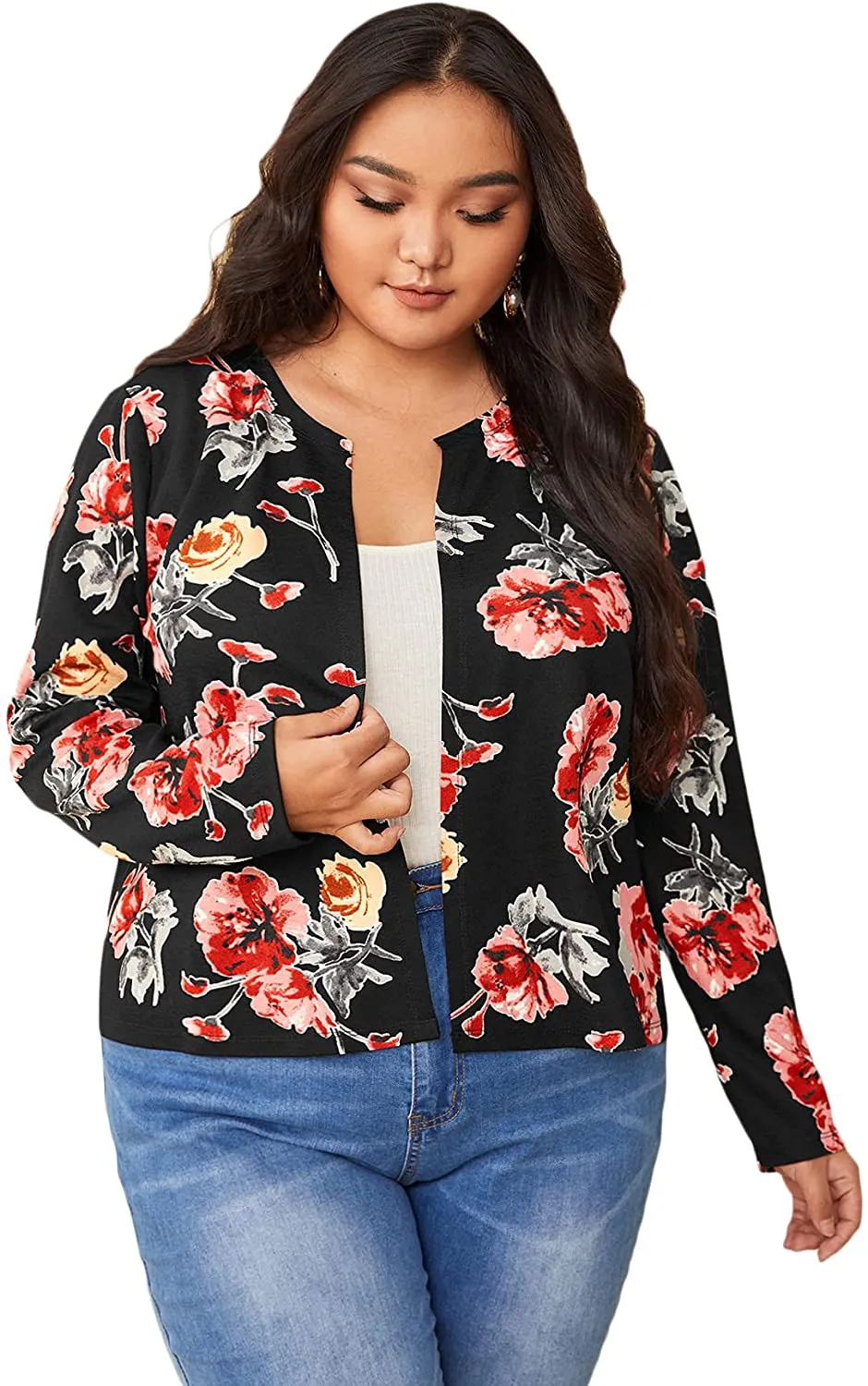 MakeMeChic Women's Plus Lightweight Floral Print Long Sleeve Zip Up Bomber Jacket Outwear