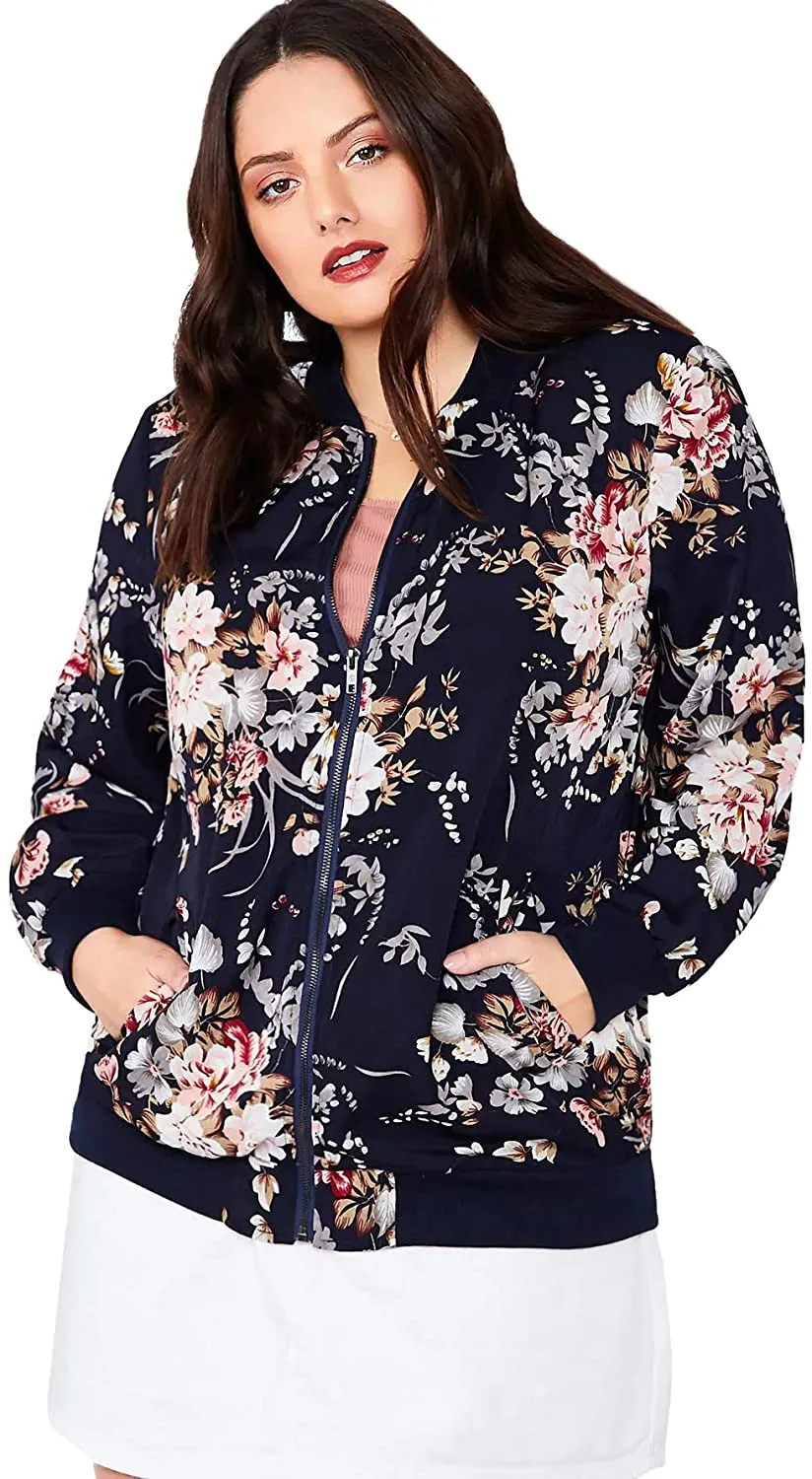 MakeMeChic Women's Plus Lightweight Floral Print Long Sleeve Zip Up Bomber Jacket Outwear