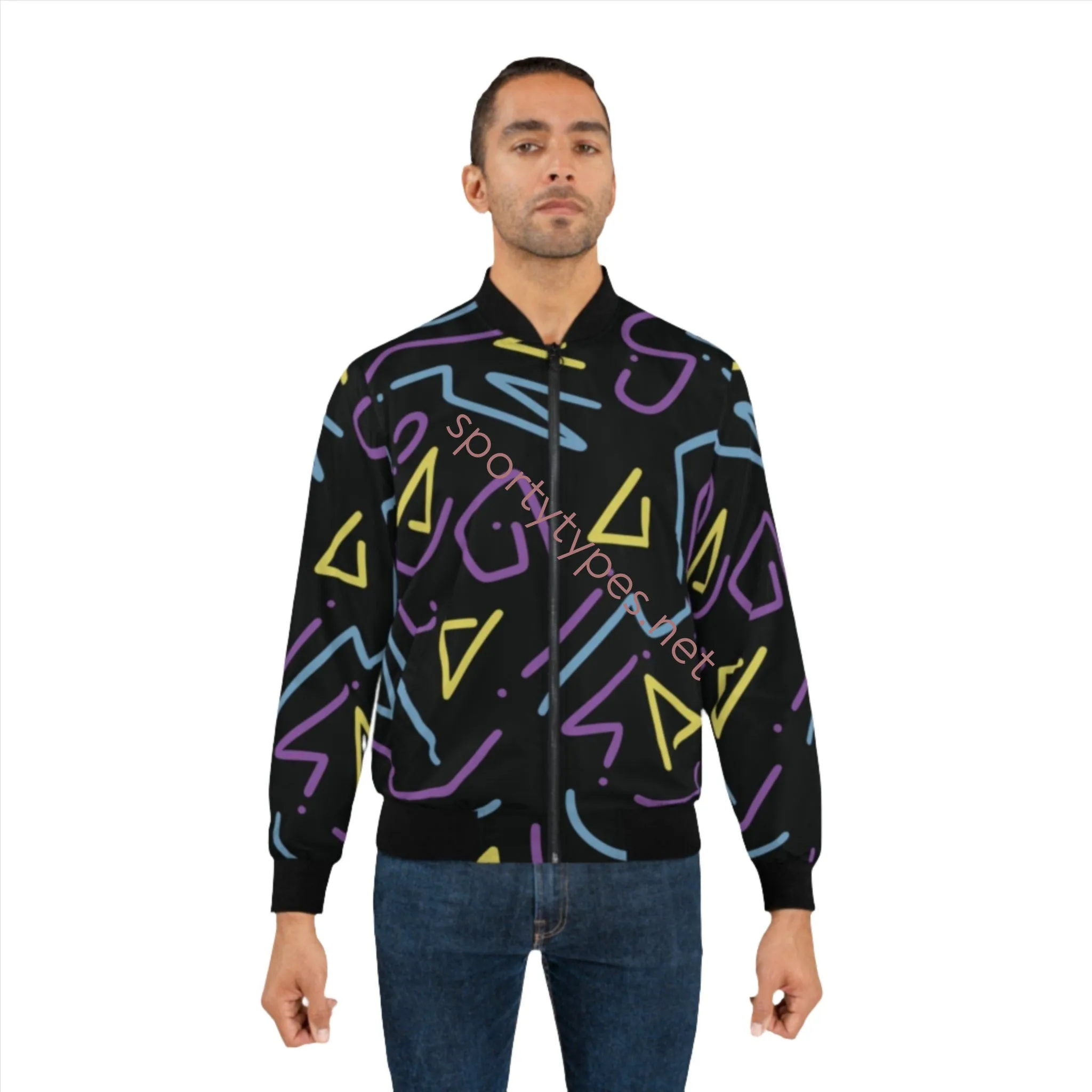 Men's Black and Multicolored Geometric Print Bomber Jacket