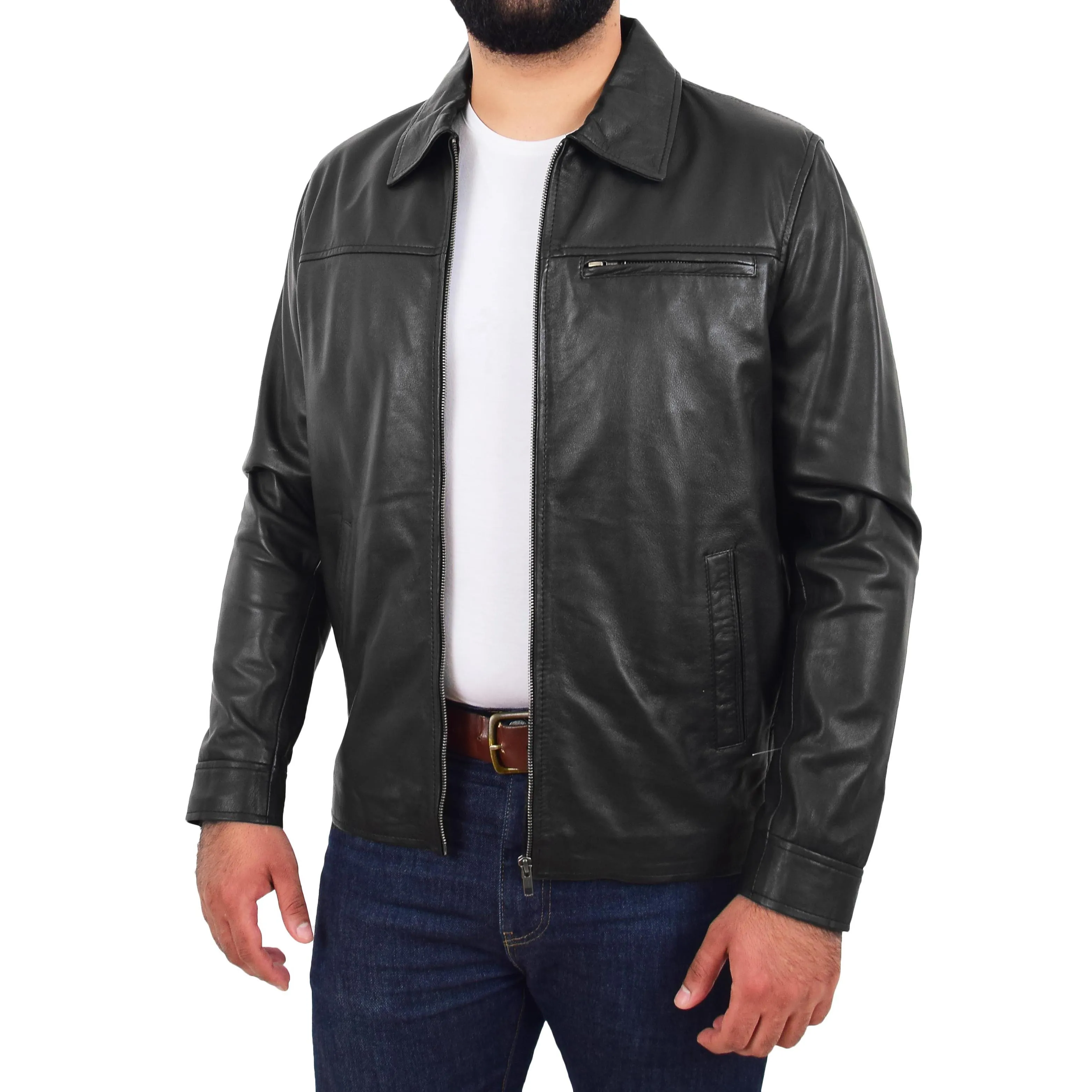 Mens Leather Jacket Genuine Soft Black Zip Fasten Box Style Sean