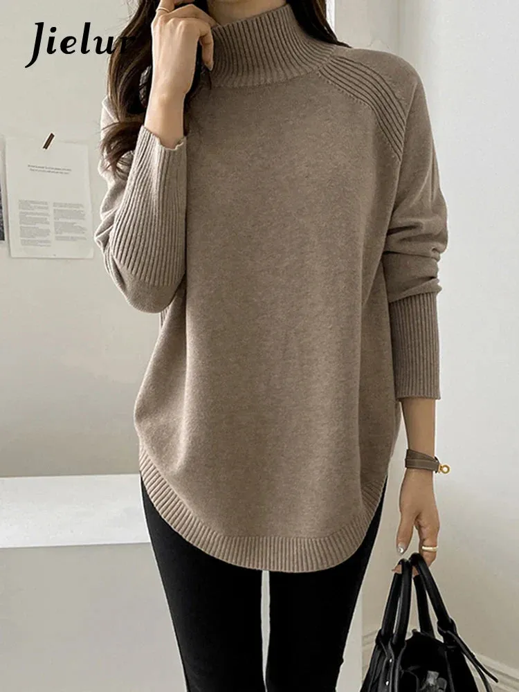 Metaversmall Autumn Winter Irregular Women's Turtleneck Sweater Korean New Casual Loose Sweaters Long Sleeve Knitted Pullover Female