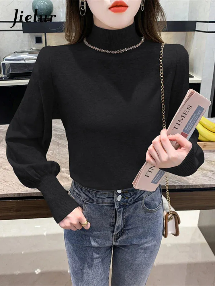 Metaversmall Women Knitted Sweaters Autumn Winter Half Turtleneck Diamond Latern Sleeve Blue Pullovers New Female Elegant Jumper Tops