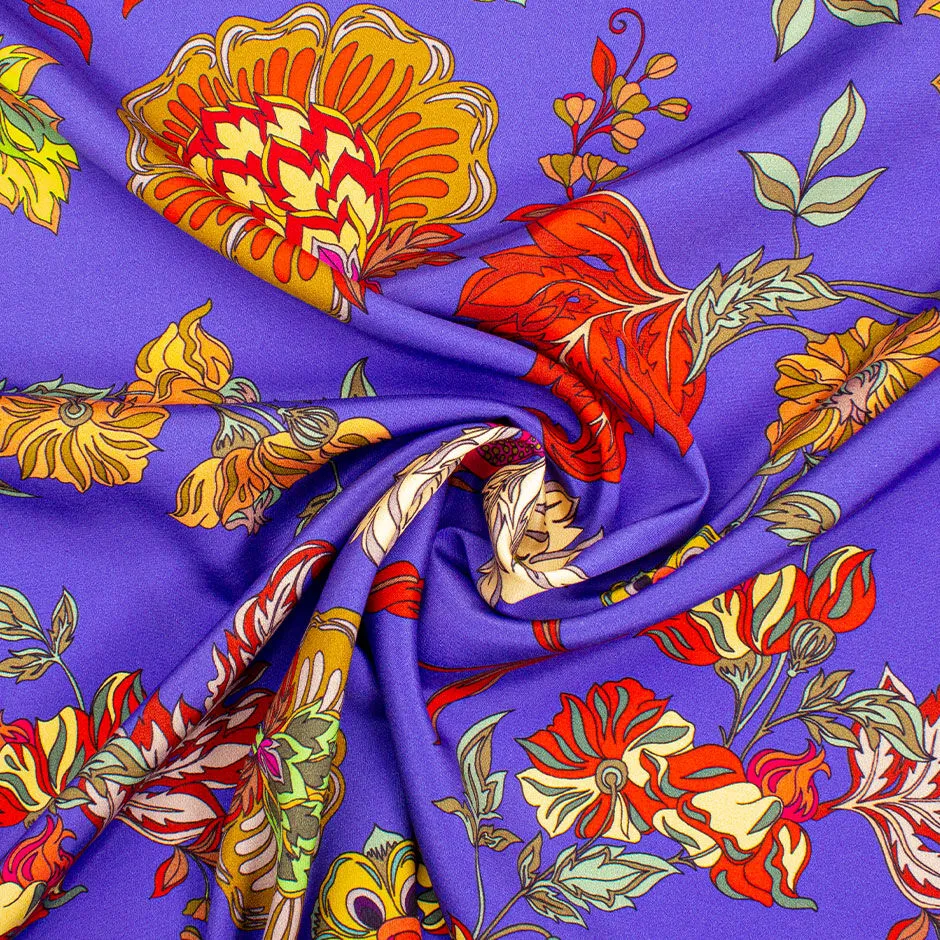 Multi Paisley & Floral Purple Printed Stretch Silk Crêpe