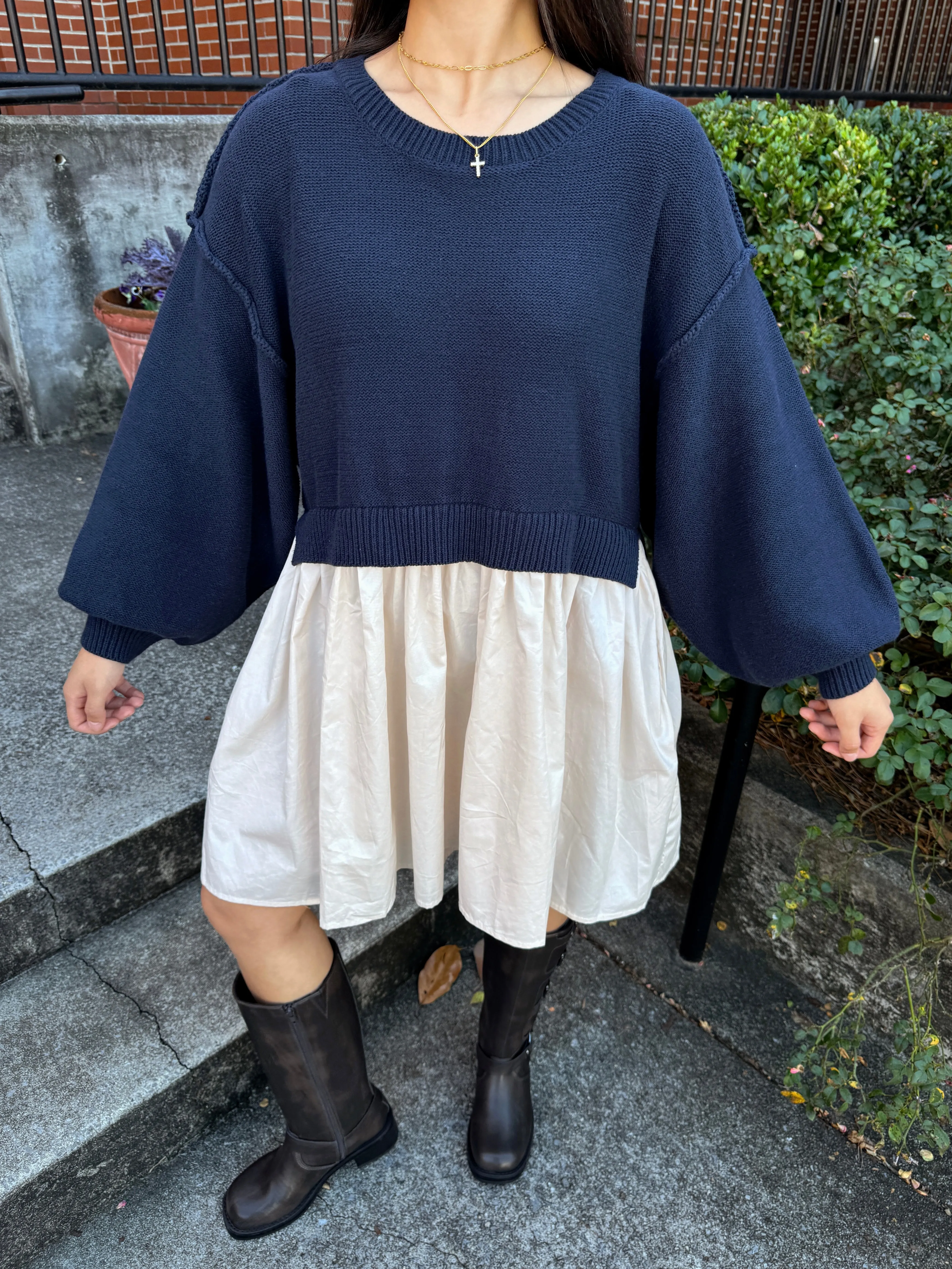 Navy & Beige Oversized Knit Sweater Dress