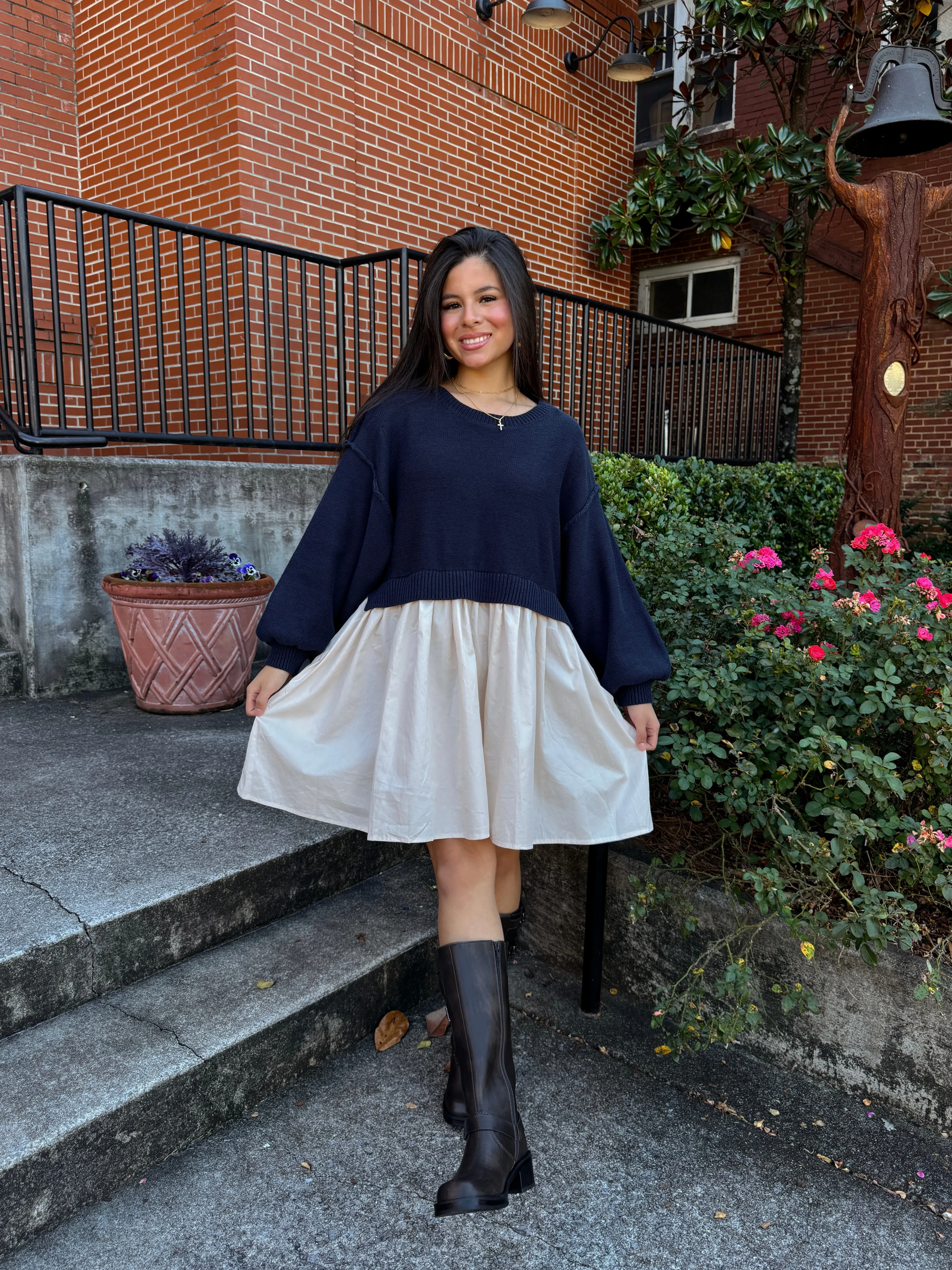 Navy & Beige Oversized Knit Sweater Dress