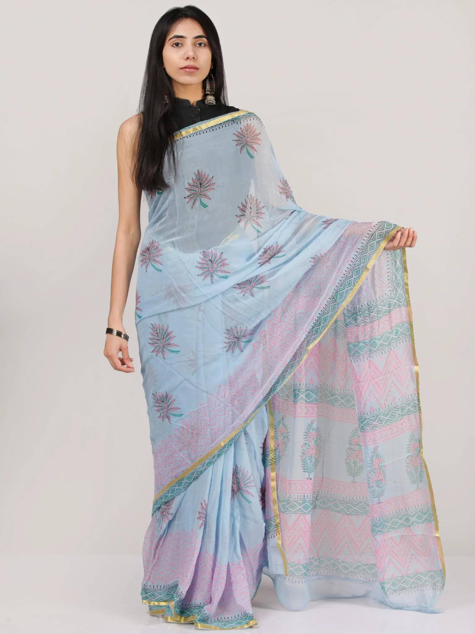 Pastel Blue Pink Green Hand Block Printed Chiffon Saree With Zari Border - S031704696