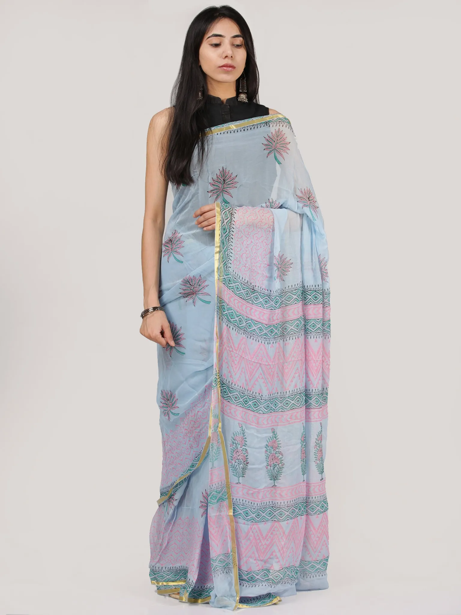 Pastel Blue Pink Green Hand Block Printed Chiffon Saree With Zari Border - S031704696