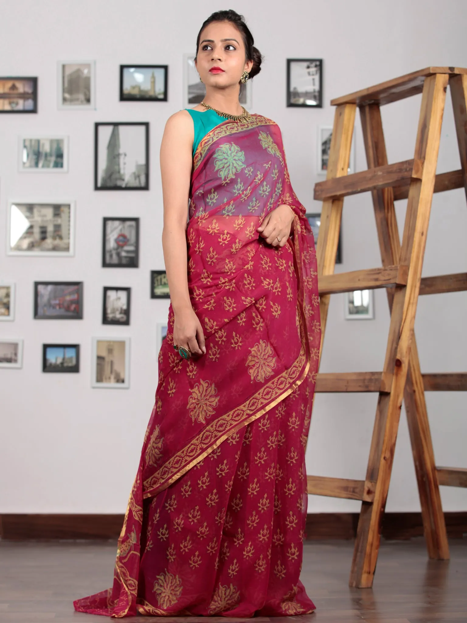 Pink Beige Hand Block Printed Chiffon Saree with Zari Border - S031702775