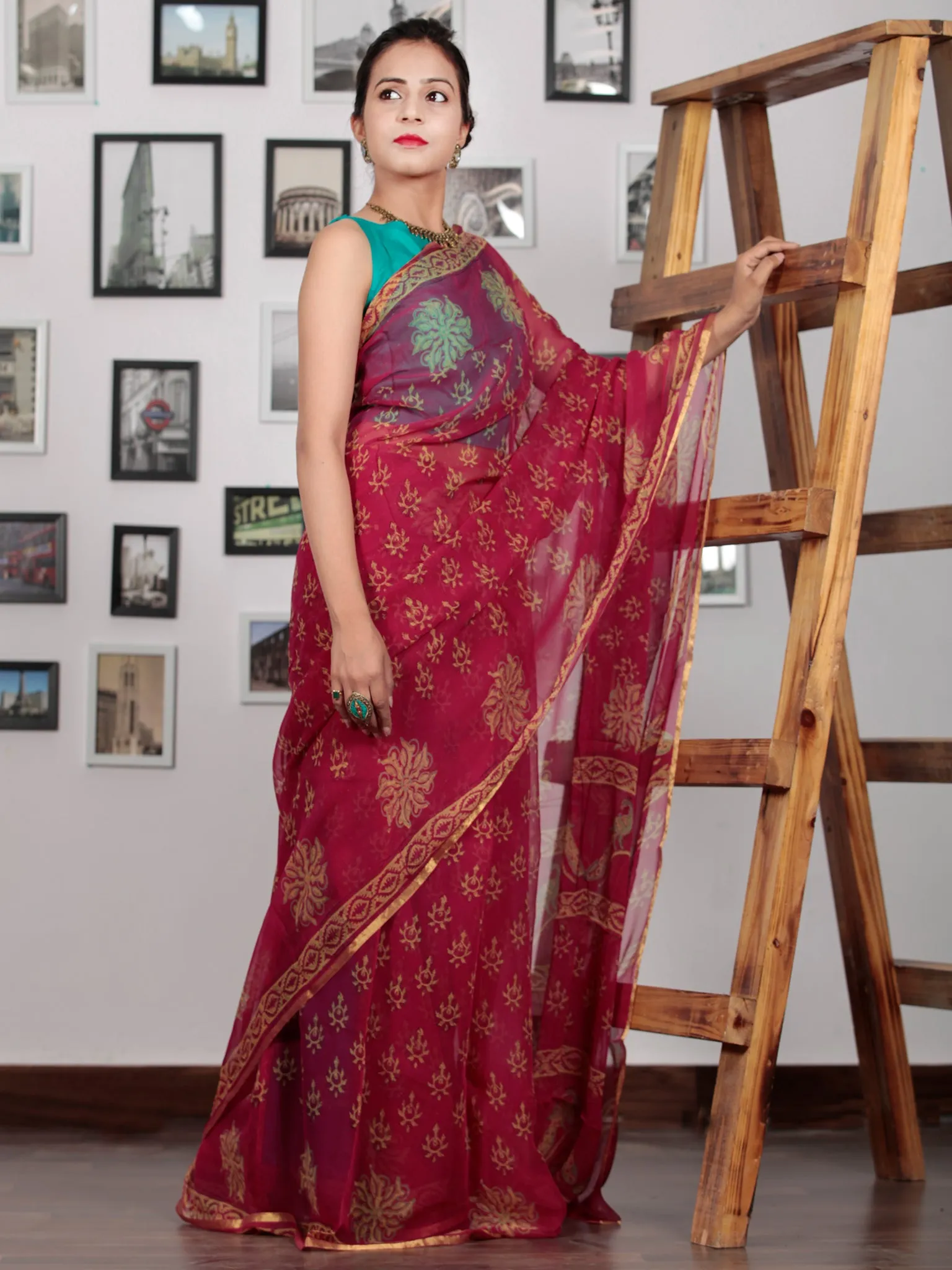 Pink Beige Hand Block Printed Chiffon Saree with Zari Border - S031702775