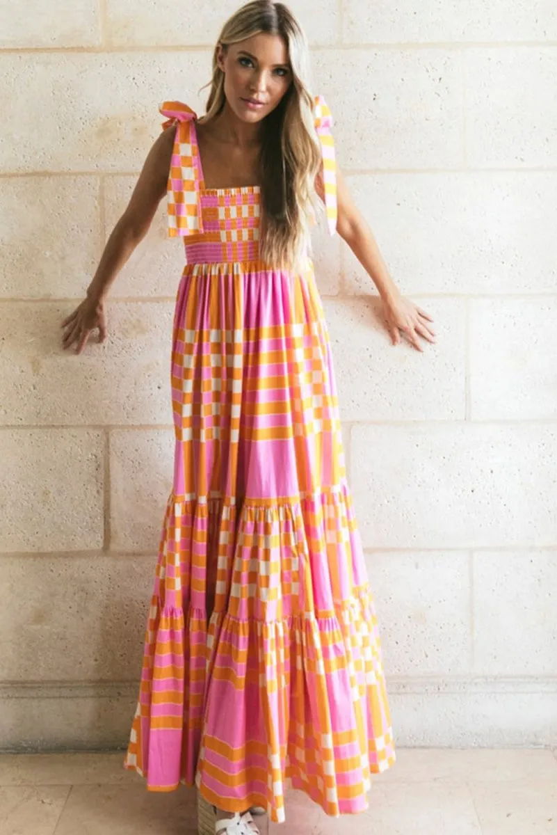 Pink Boho Gingham Maxi Dress