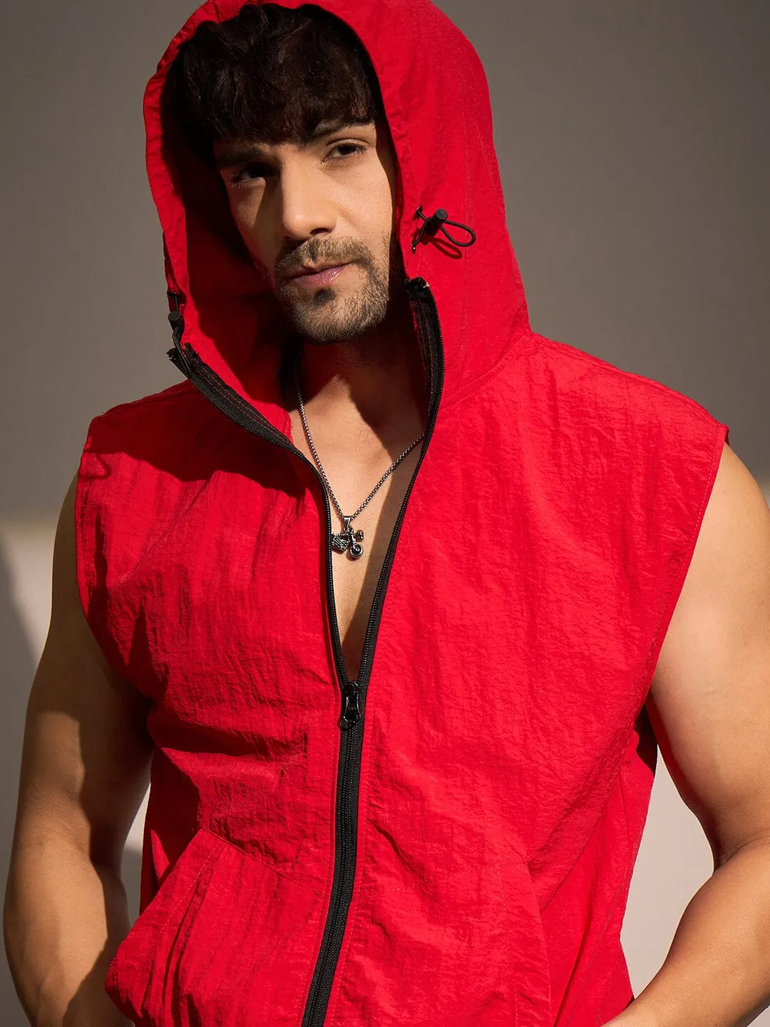 Red Crushed Nylon Sleeveless Windbreaker Jacket