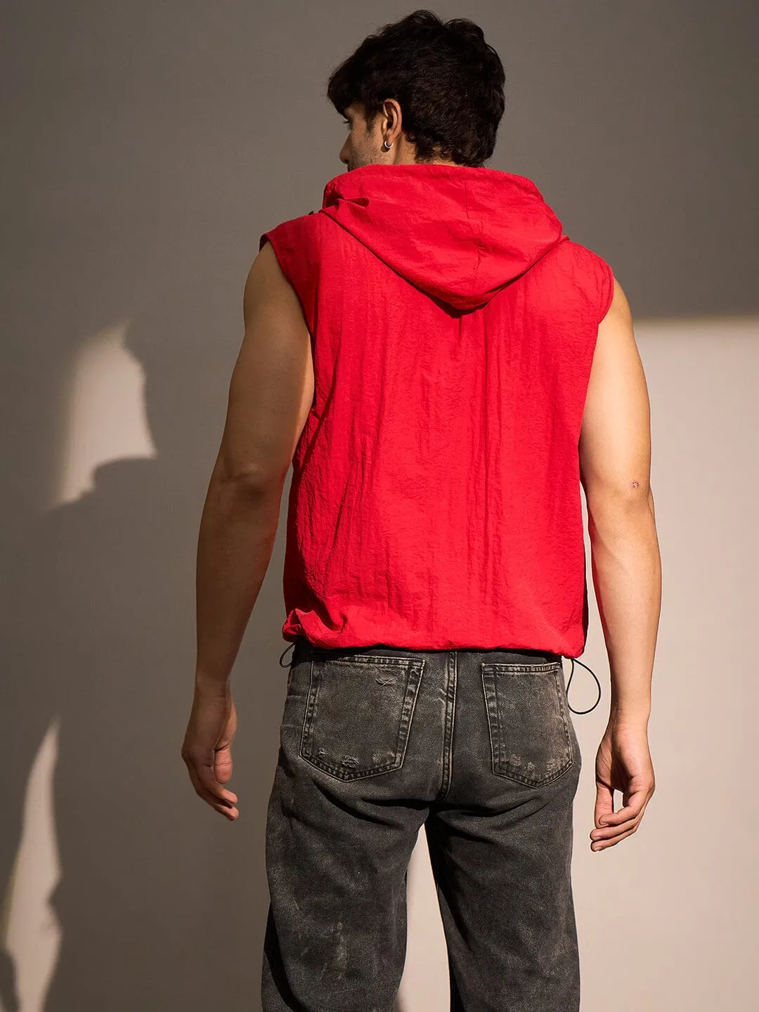 Red Crushed Nylon Sleeveless Windbreaker Jacket