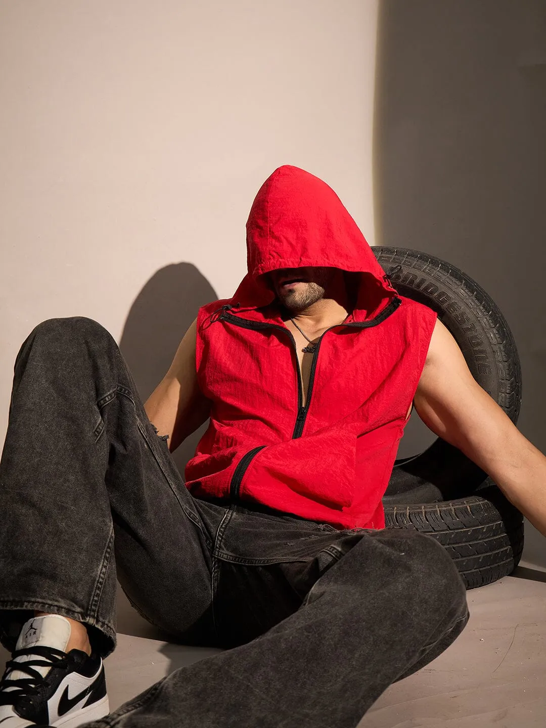 Red Crushed Nylon Sleeveless Windbreaker Jacket