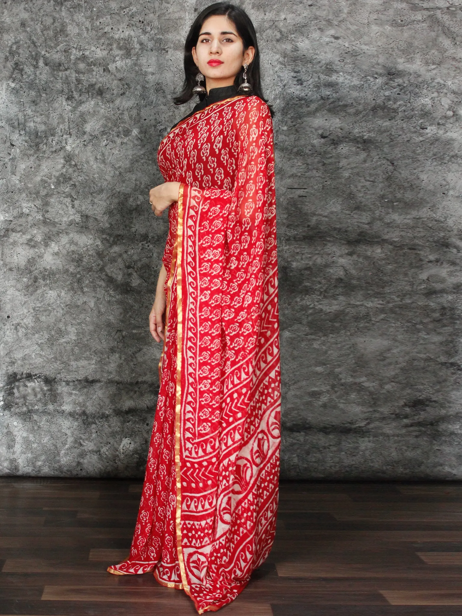 Red White Hand Block Printed Chiffon Saree with Zari Border - S031703120