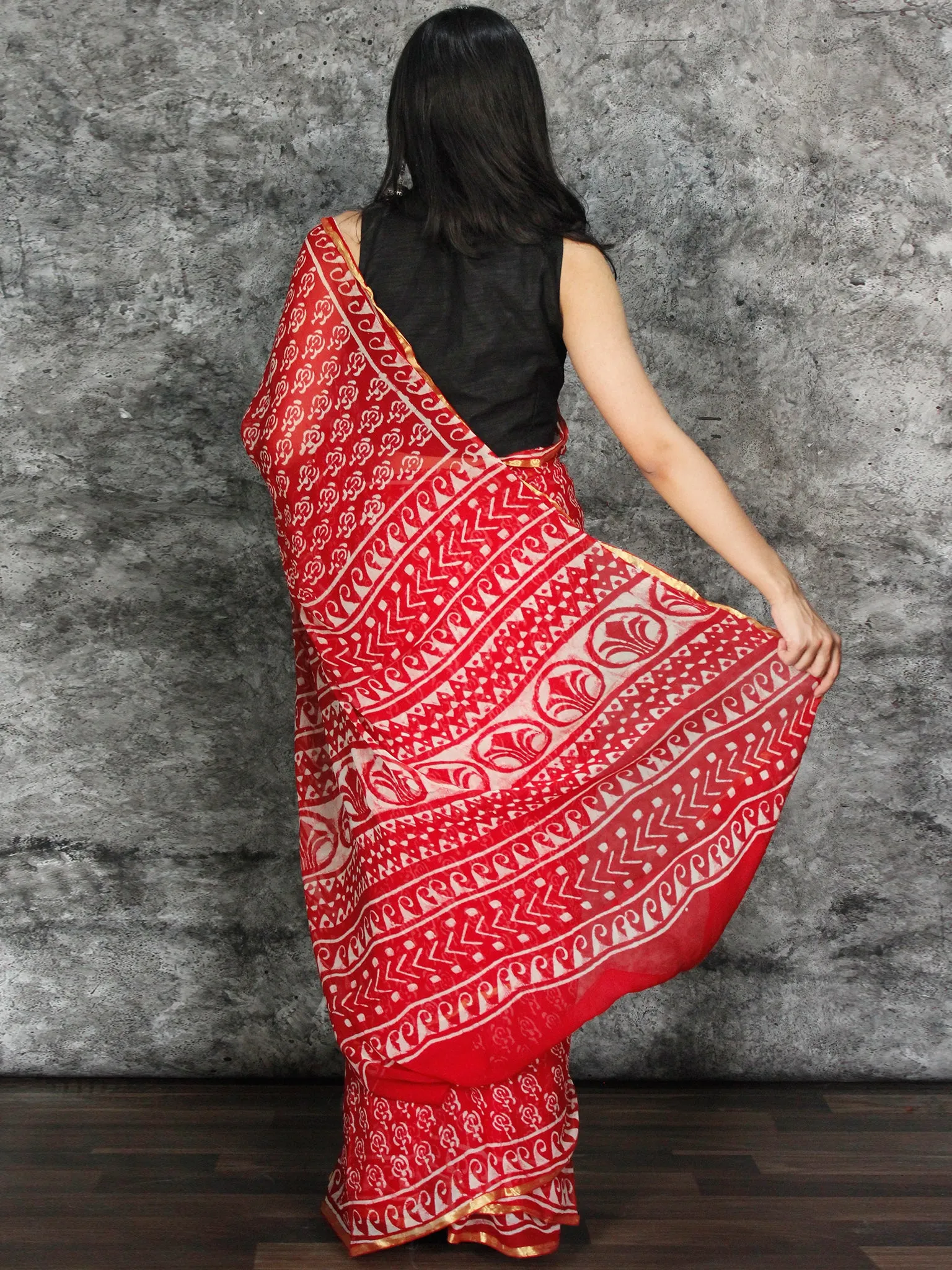 Red White Hand Block Printed Chiffon Saree with Zari Border - S031703120