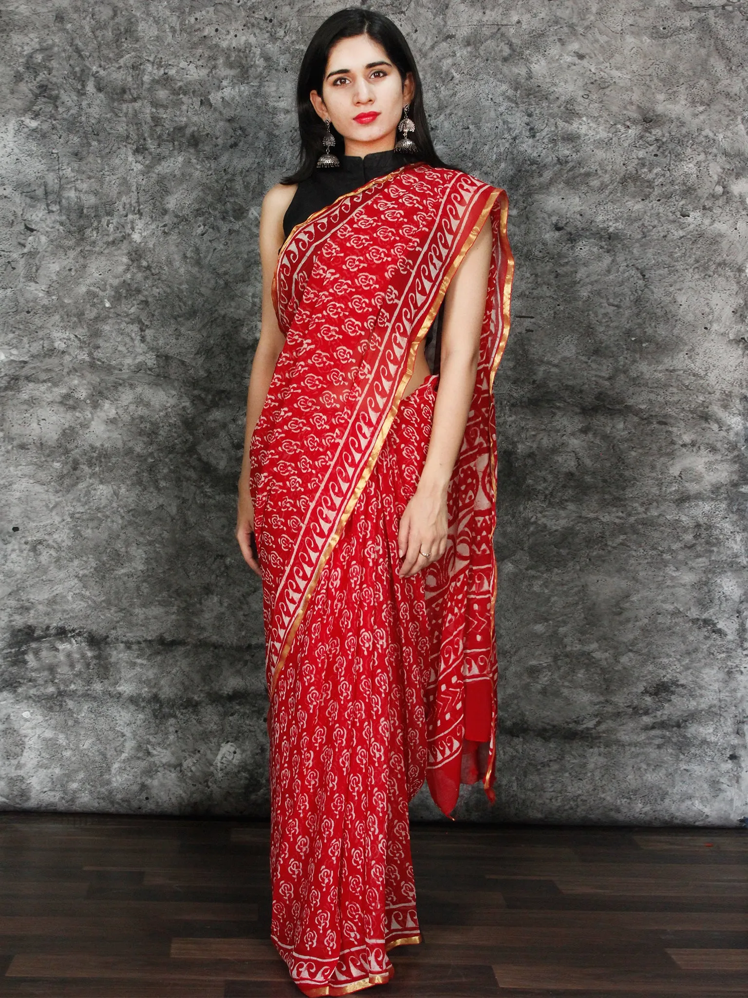 Red White Hand Block Printed Chiffon Saree with Zari Border - S031703120