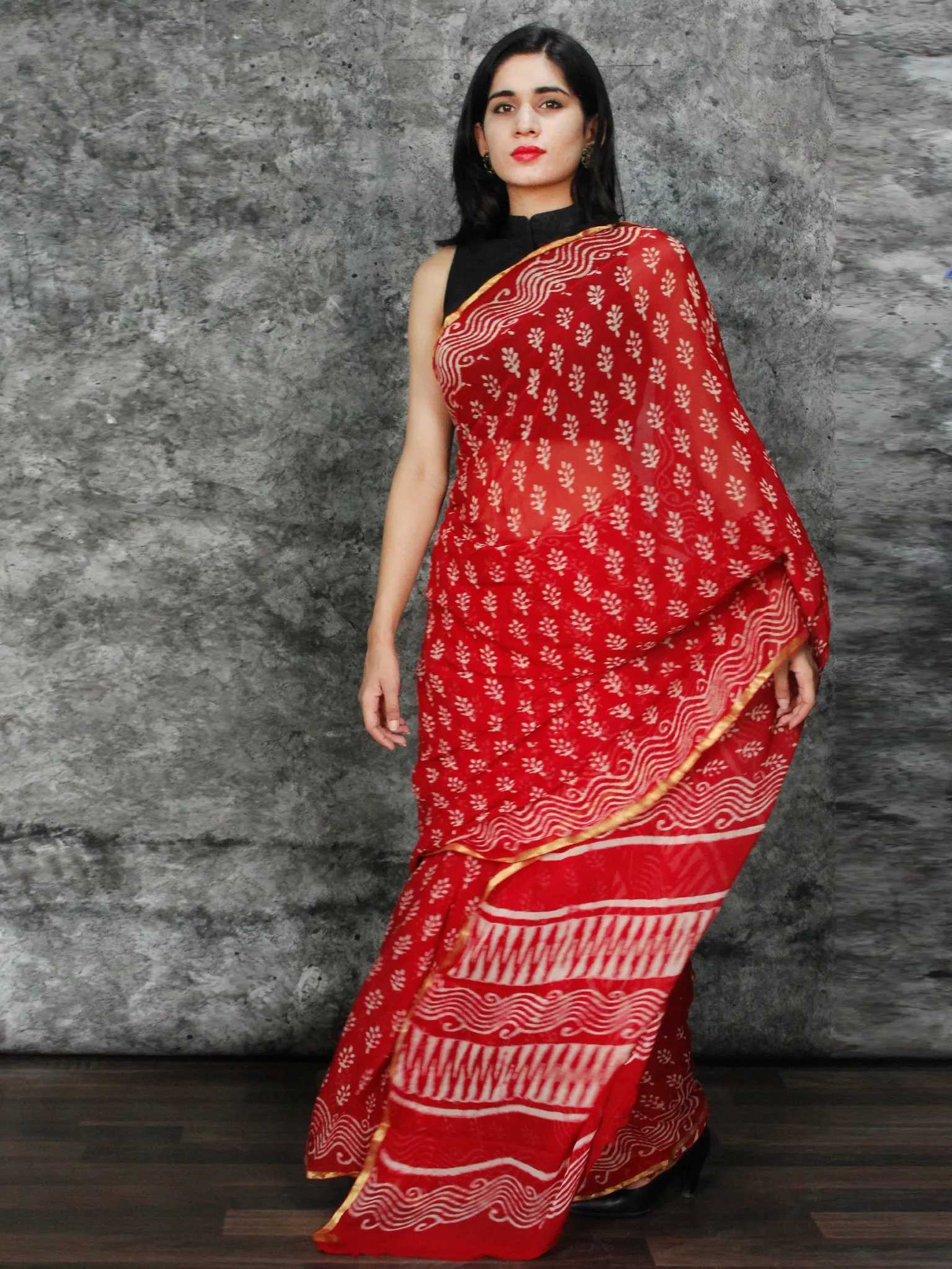 Red White Hand Block Printed Chiffon Saree with Zari Border - S031703125