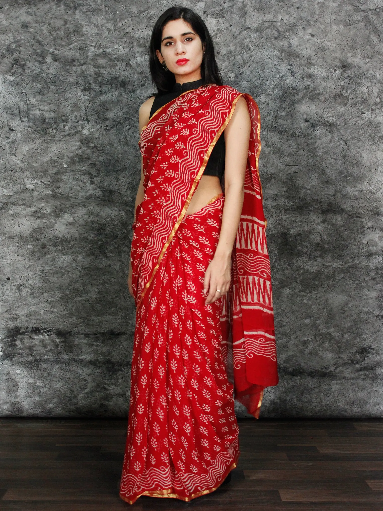 Red White Hand Block Printed Chiffon Saree with Zari Border - S031703125