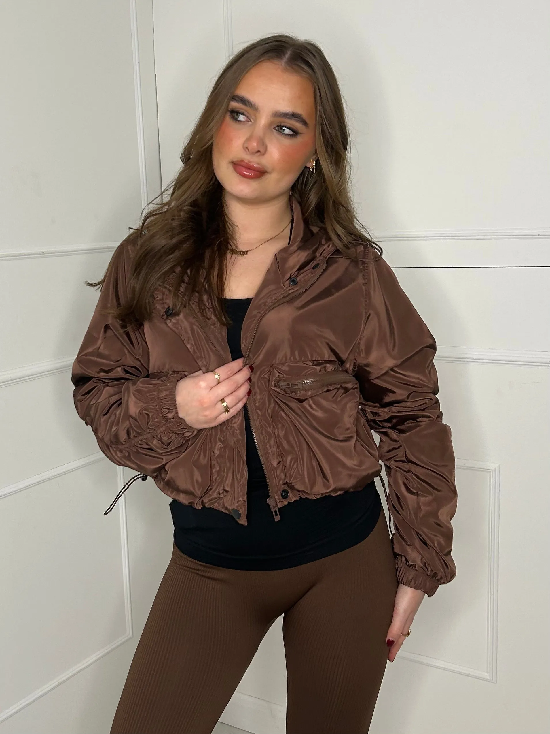 Ruched Sleeve Double Pocket Detail Windbreaker Jacket - Chocolate Brown